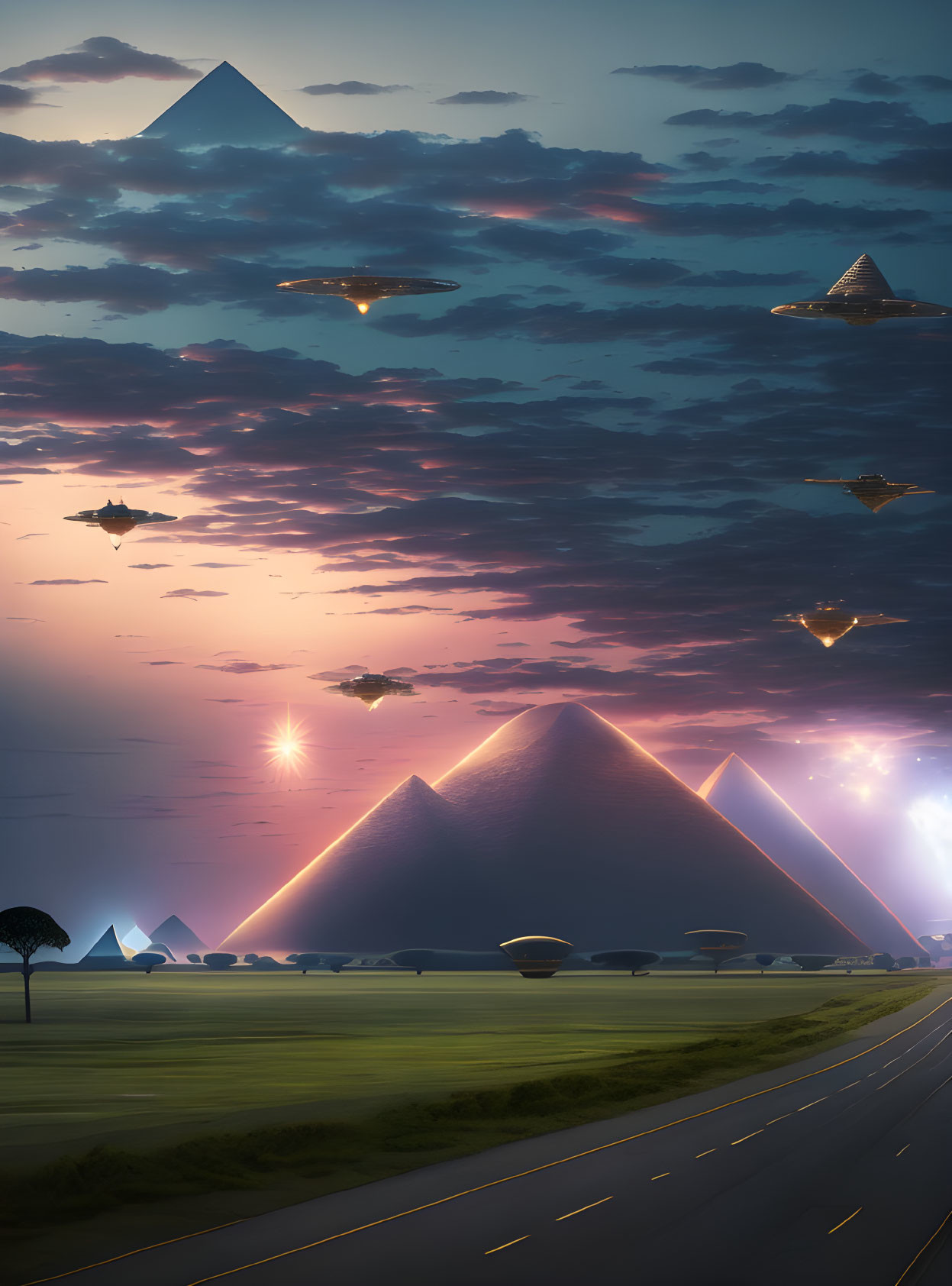 Futuristic sunset scene with pyramids, flying vehicles, road, and pastel sky