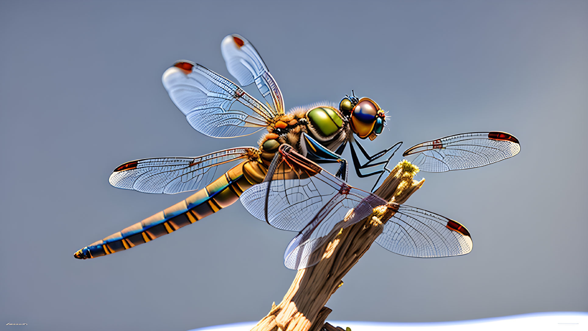 Colorful dragonfly with intricate wings on twig against blue backdrop