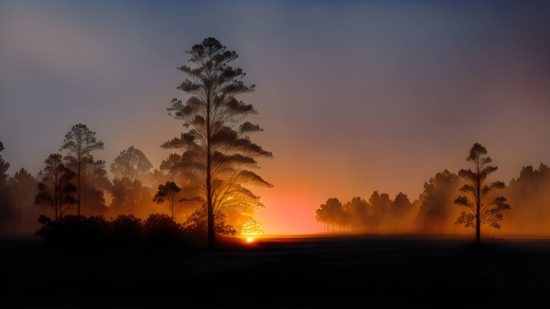 Misty Sunrise with Golden Light and Pine Tree Silhouettes