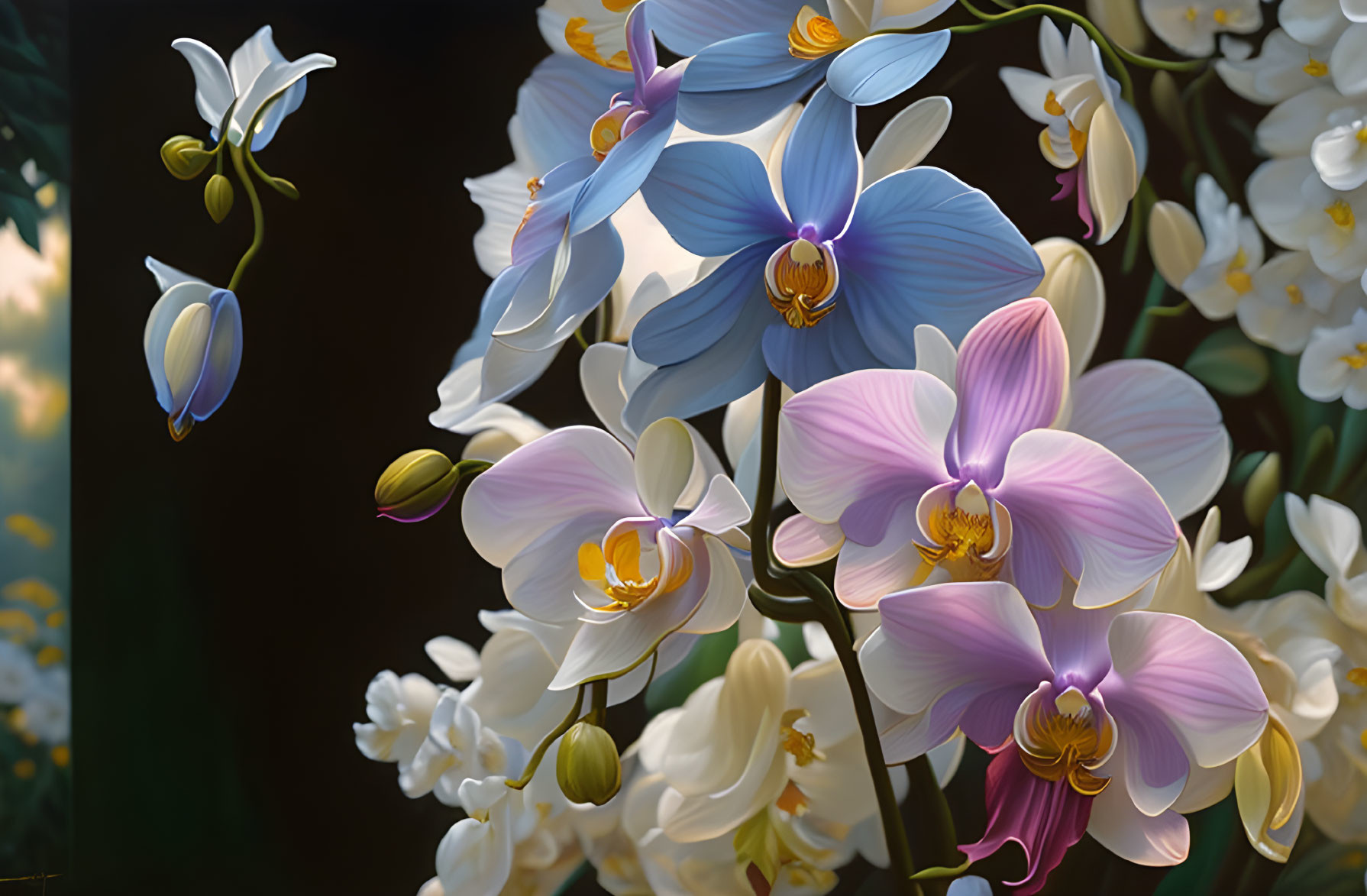 Colorful Orchid Painting with White and Purple Blossoms on Dark Background