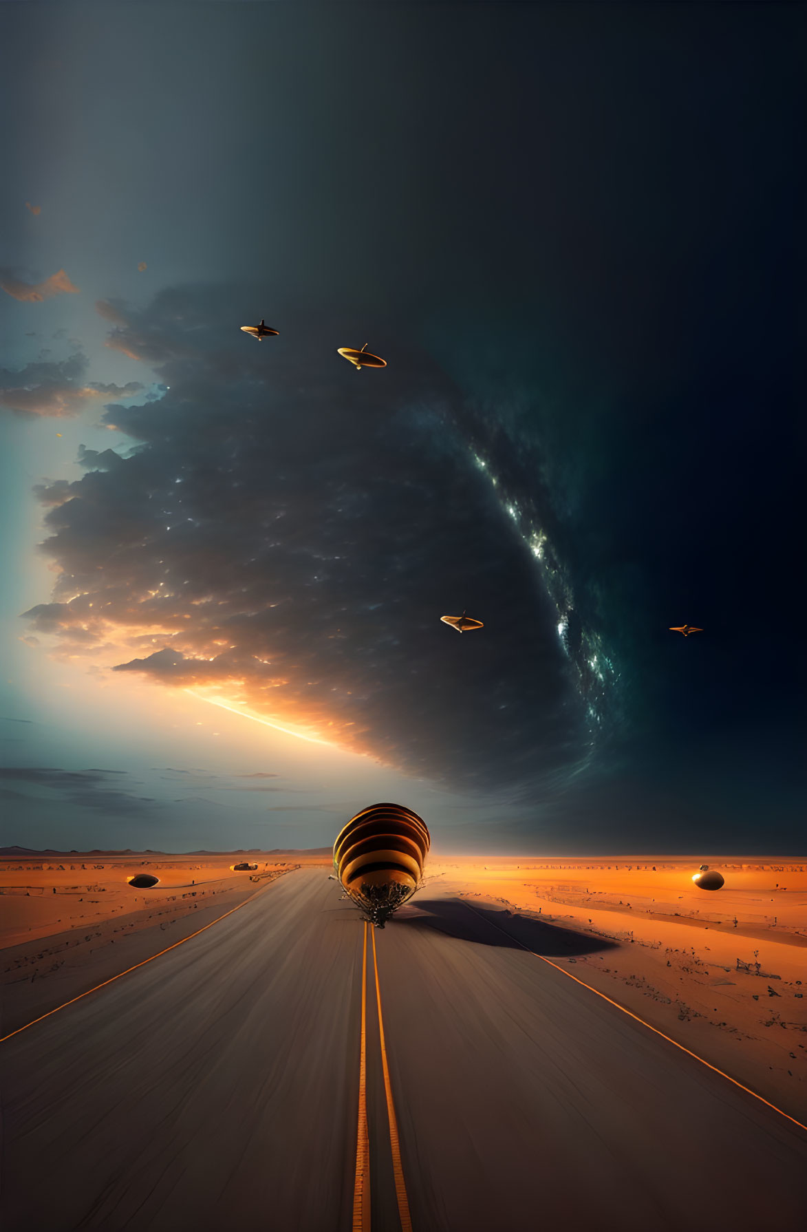 Surreal desert road with spinning top structure, birds, and sunset