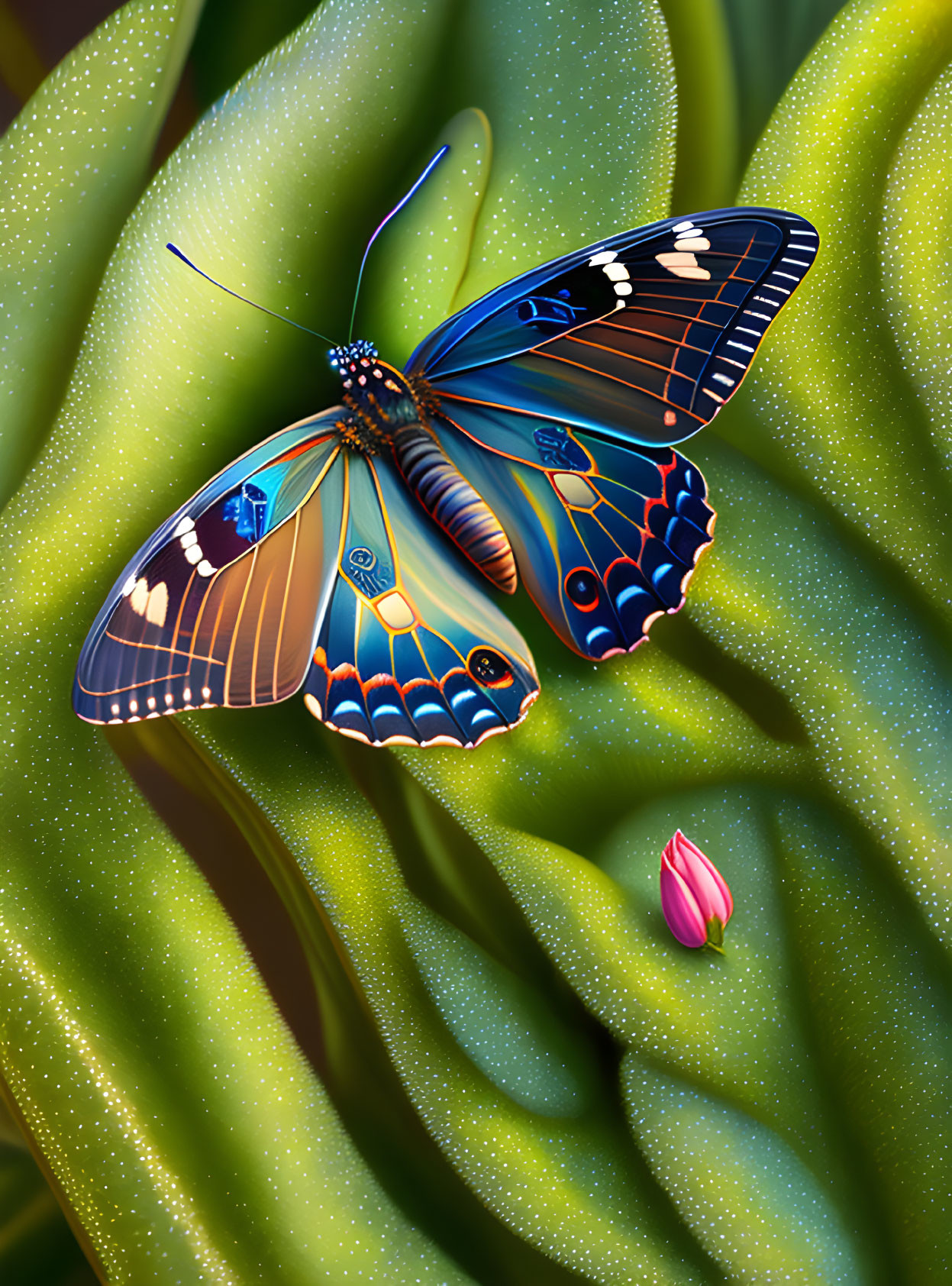 Colorful butterfly with intricate wings on green plant with pink bud