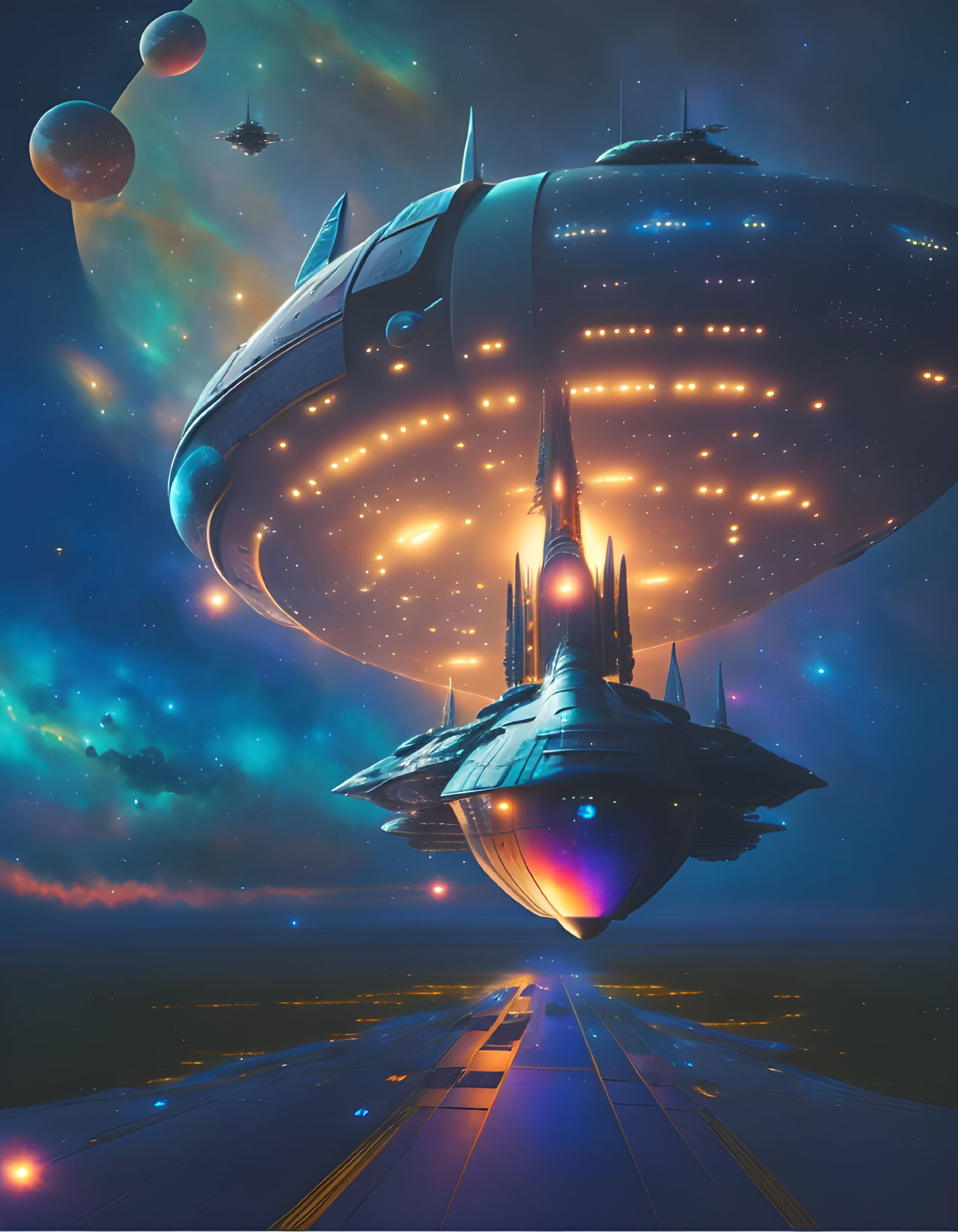 Futuristic spaceship landing on alien world with glowing lights