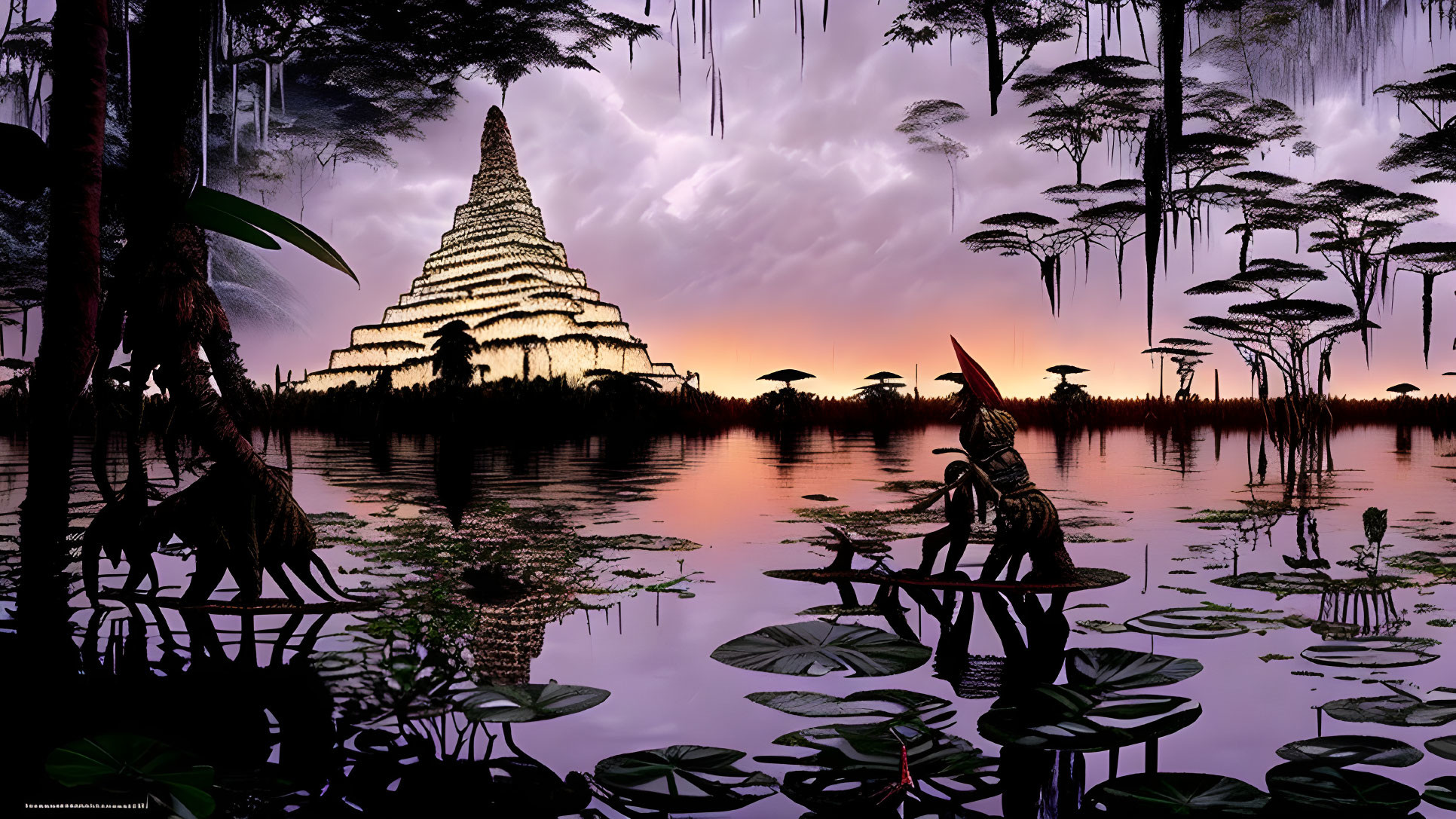 Fantasy landscape with spiral tower, dinosaurs, water lilies, vibrant sunset