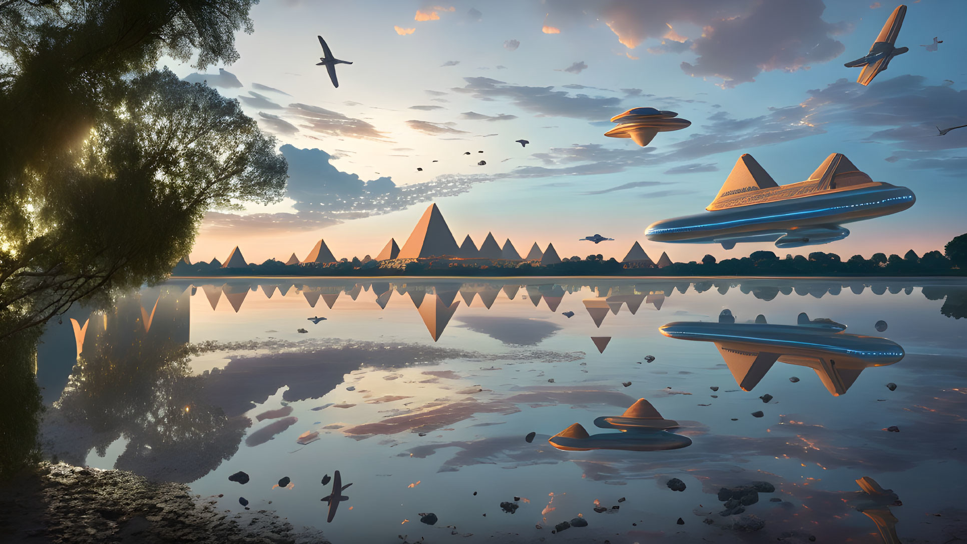 Futuristic UFOs Over Tranquil Lake with Pyramids, Birds, Sunset