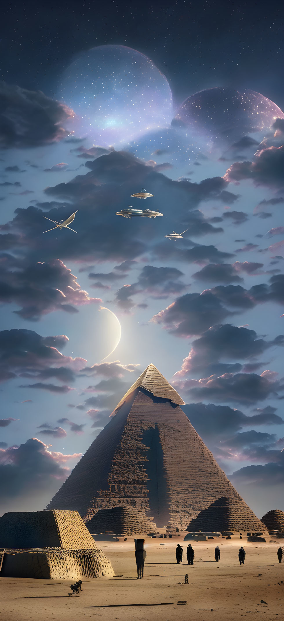 Surreal night scene with pyramid, people, and starry sky