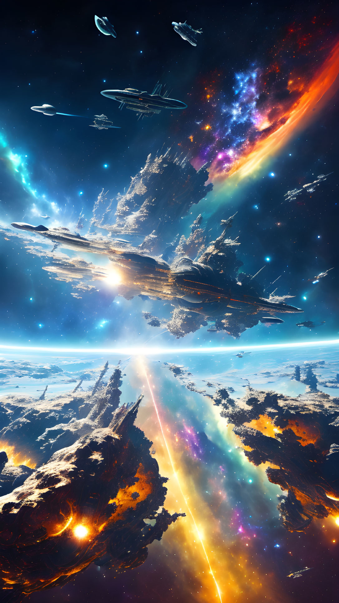 Colorful Nebulae and Spaceship in Cosmic Landscape