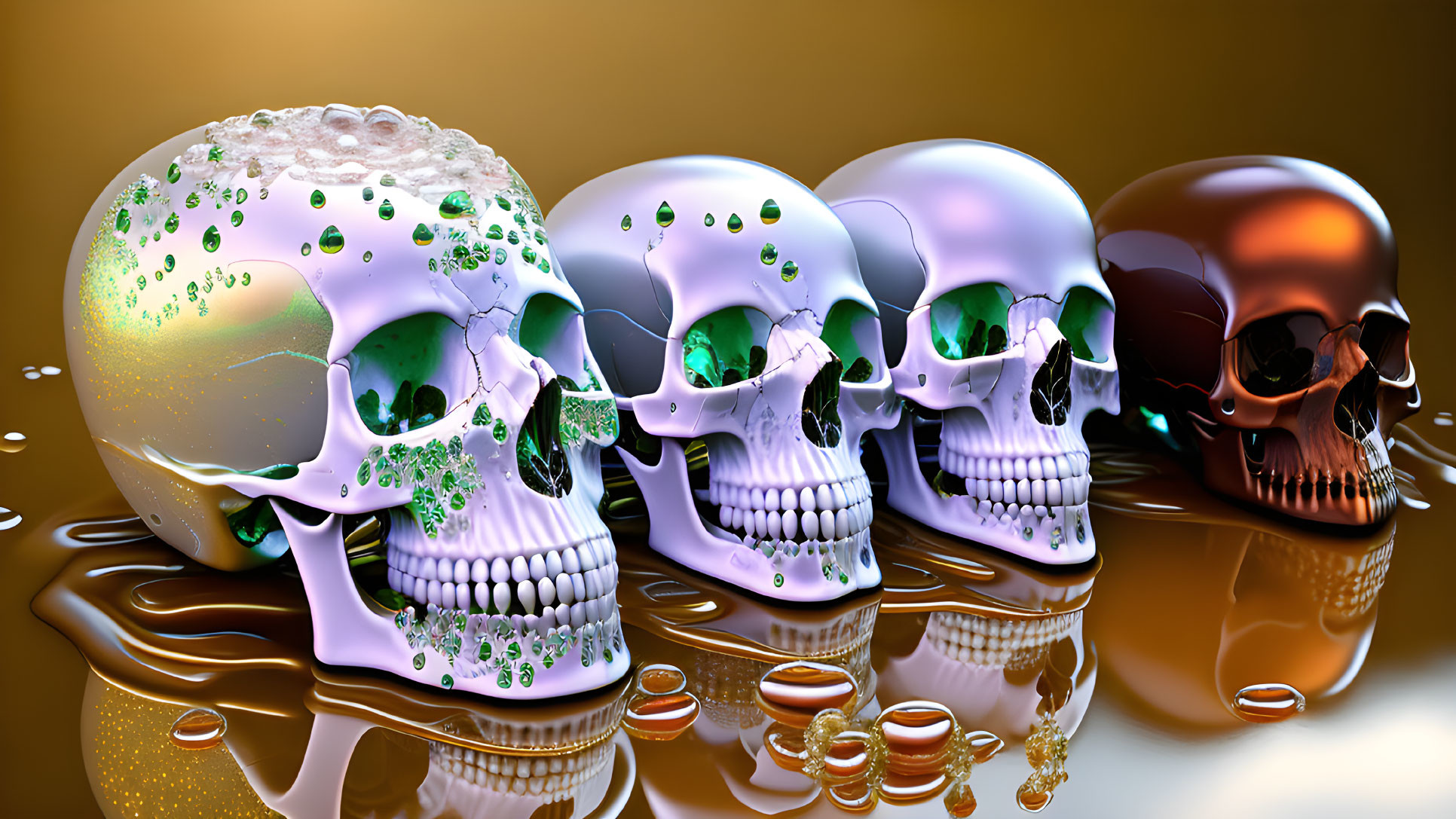 Four skulls in white to metallic bronze colors submerged in liquid with droplets and bubbles