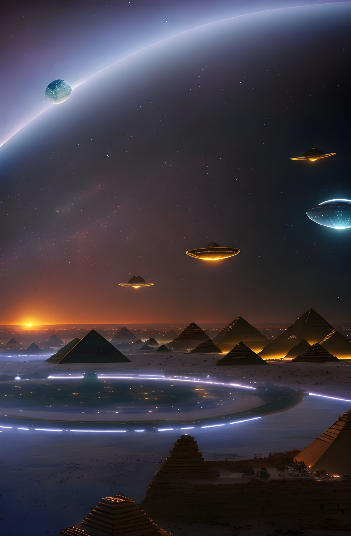 Alien spacecrafts over Egyptian pyramids at night with comet and glowing horizon