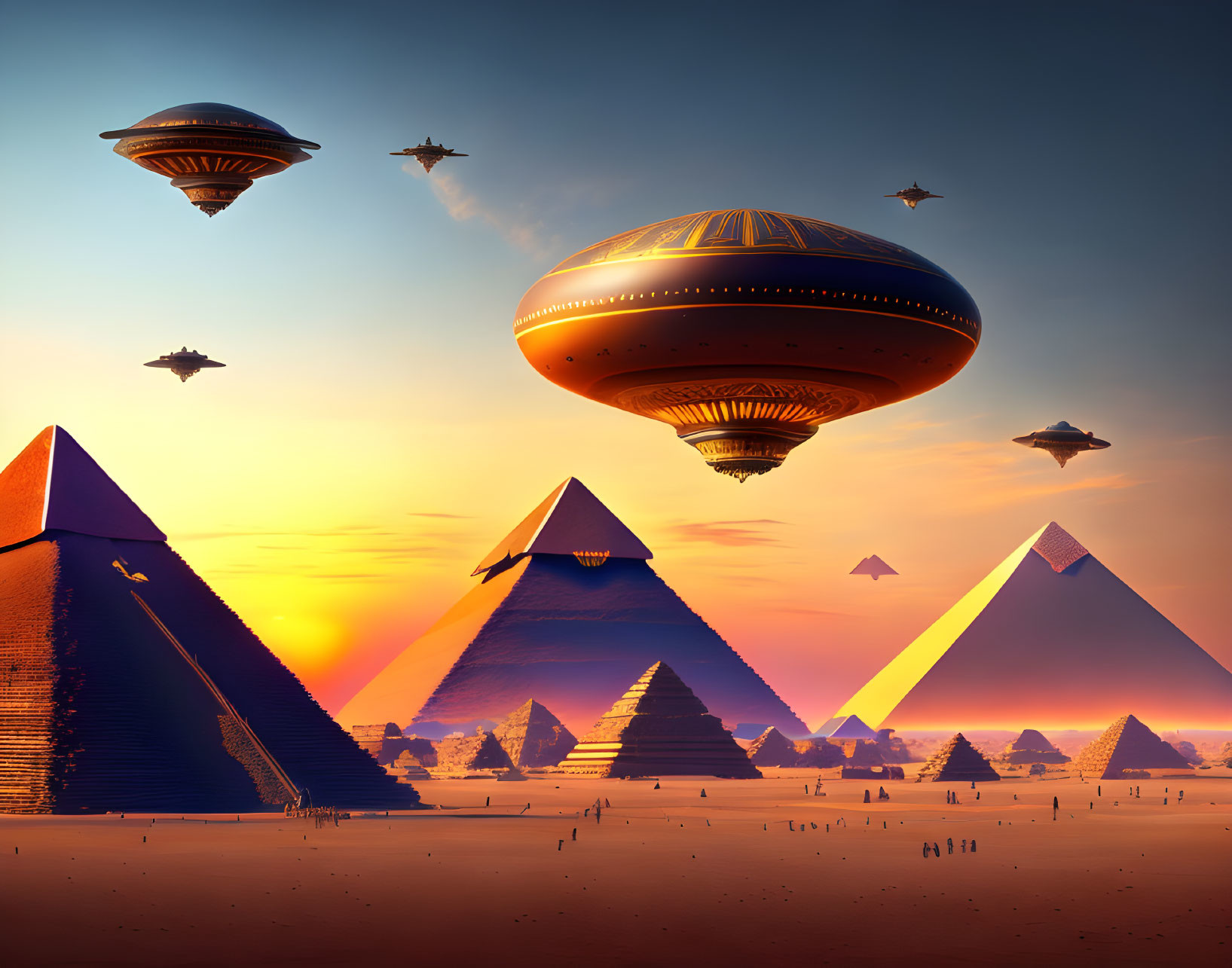 Futuristic flying saucers over Egyptian pyramids at sunset