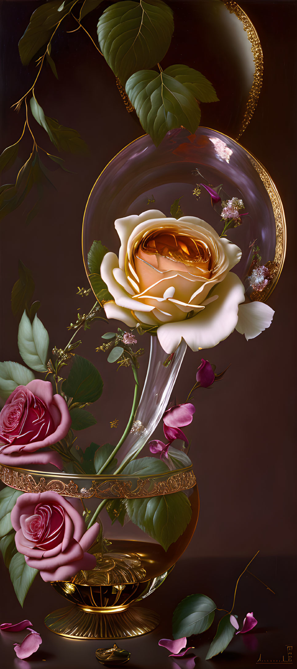 Digital art: Twisted glass vase with peach rose and flowers