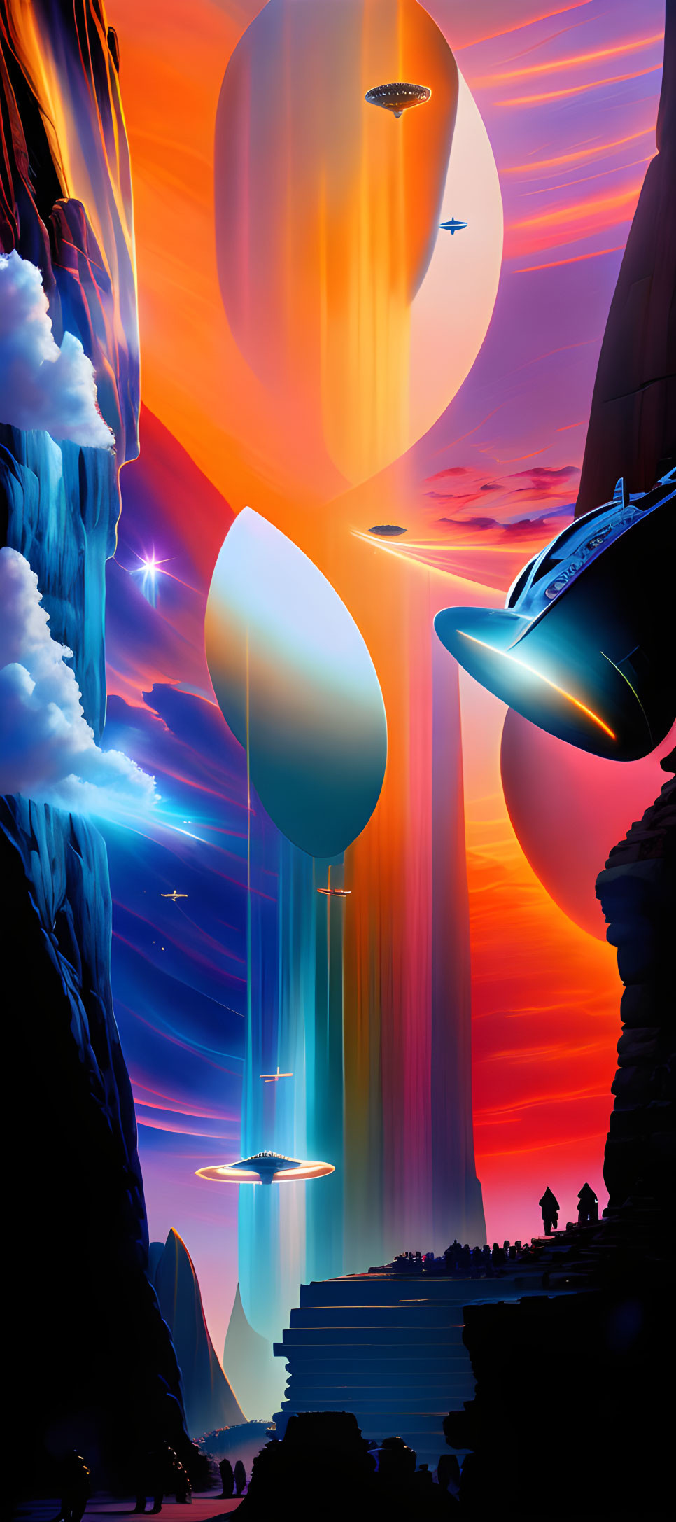 Vibrant sci-fi landscape with alien structures, waterfalls, spacecraft, celestial background