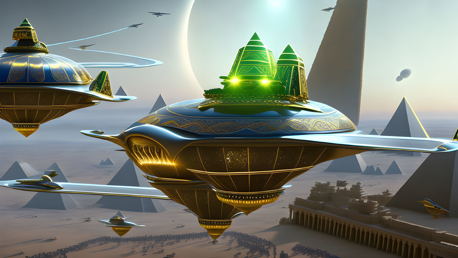 Golden spacecraft hover over Egyptian-like desert with pyramids and flying vehicles.