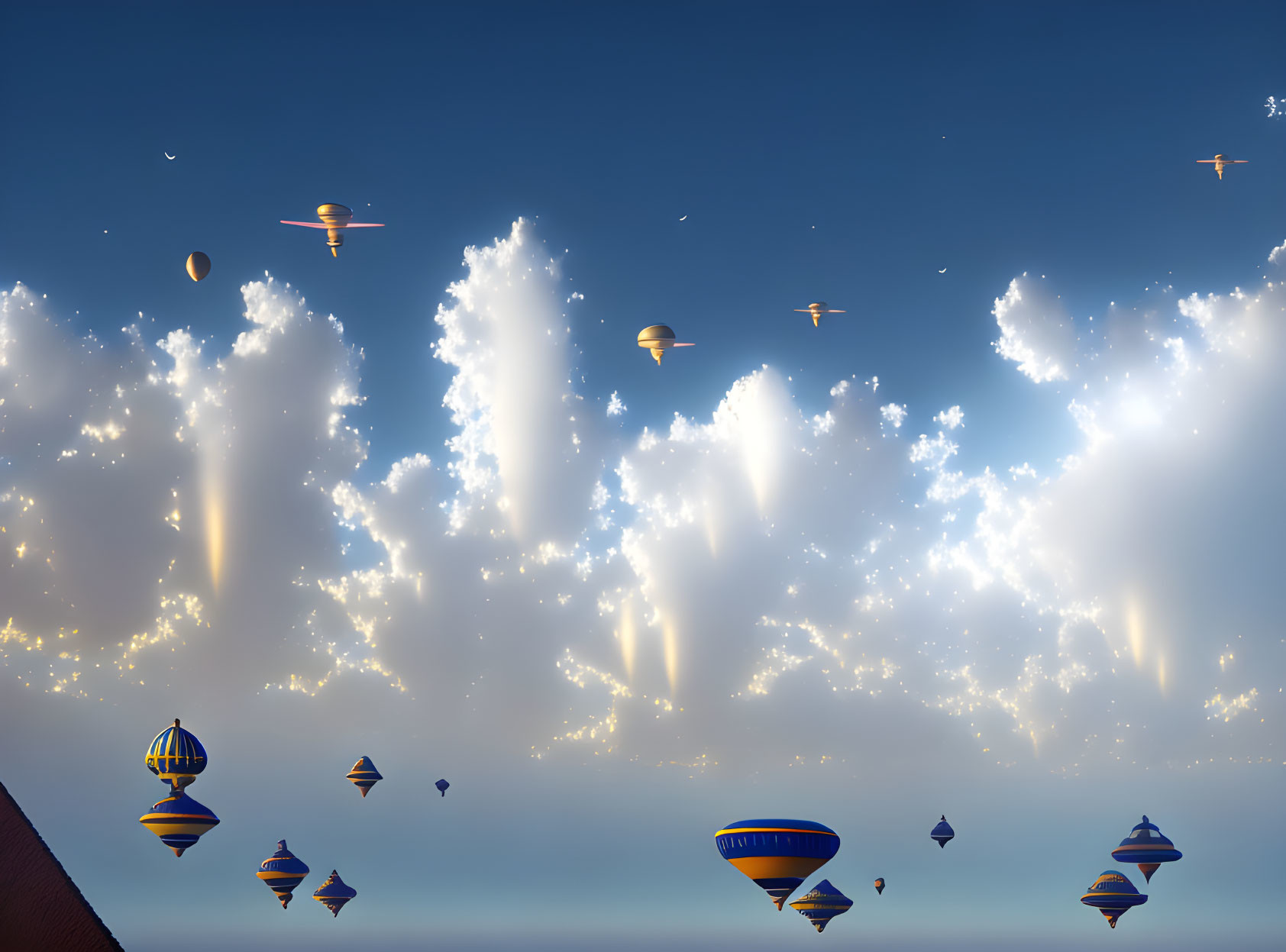 Surreal sky with hot air balloons and UFOs in illuminated clouds