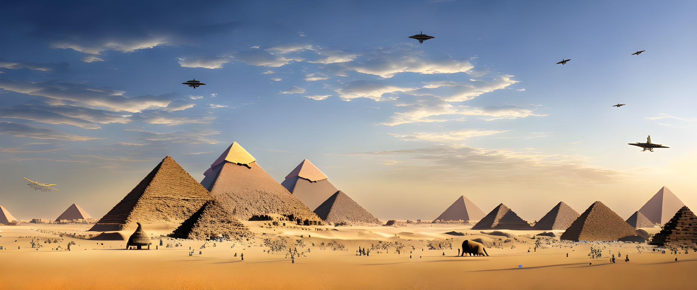 Desert landscape with Great Pyramids, elephant, people, and futuristic vehicles