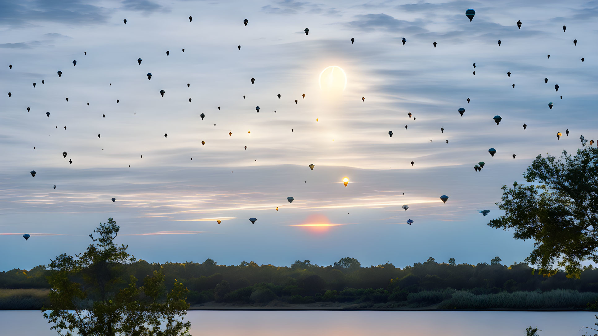 Sunrise scene with multiple hot air balloons in the sky