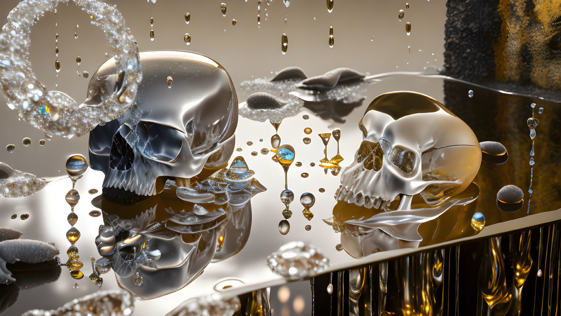 Reflective skulls with water droplets on glossy surface in surreal golden setting