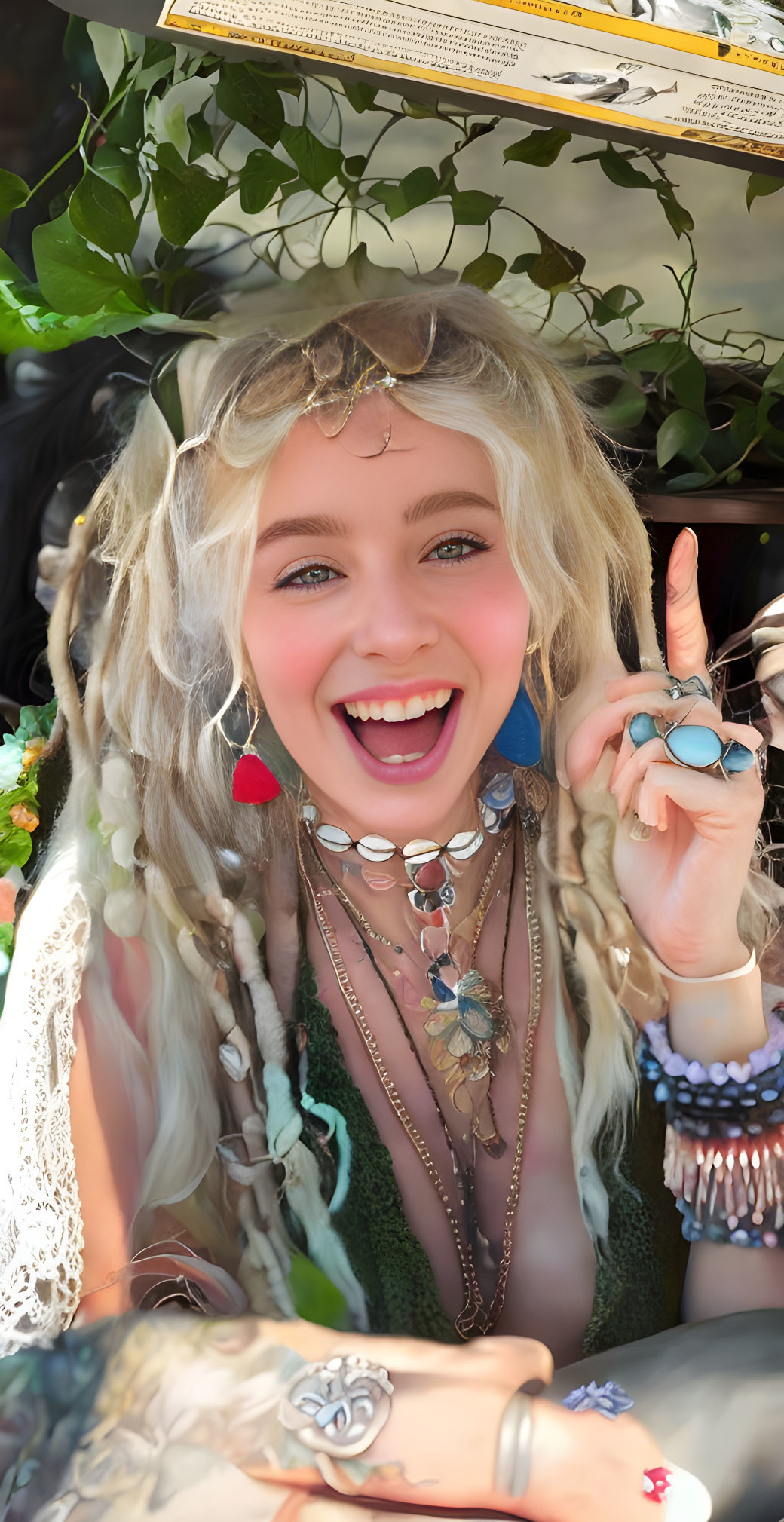 Bohemian woman with smile, jewelry, and peace sign in lush greenery