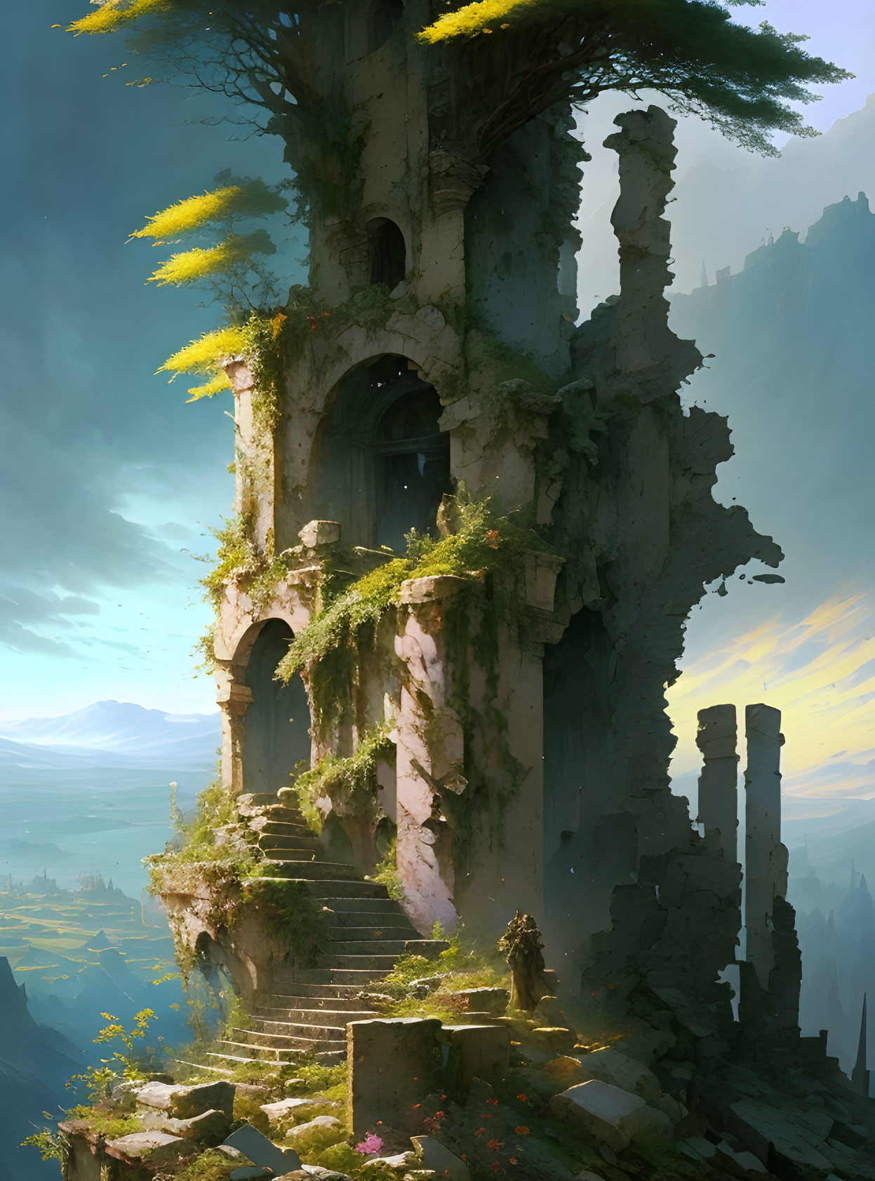 Overgrown stone tower with staircase in misty landscape