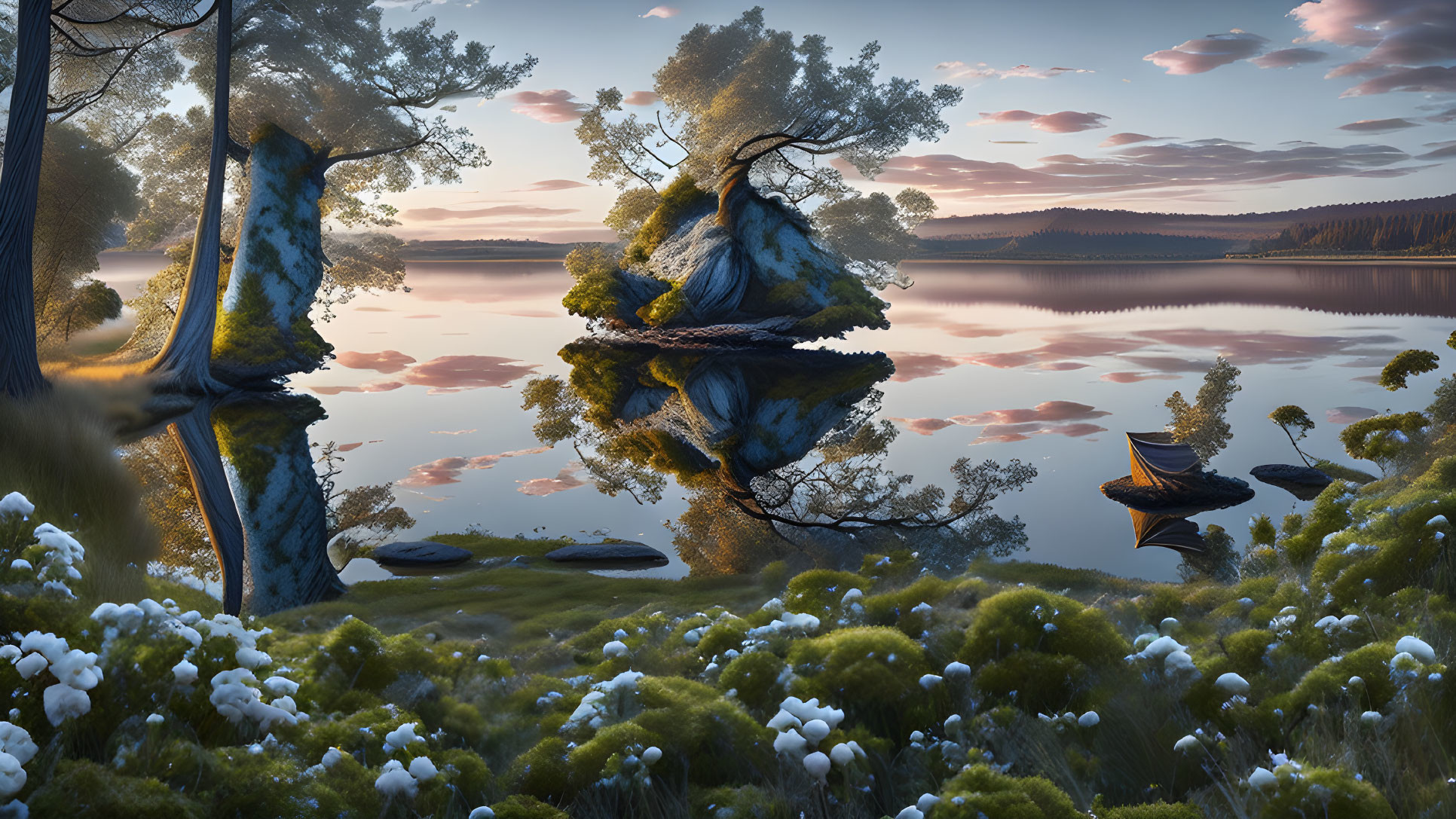 Tranquil landscape: floating islands, lush trees, reflective water