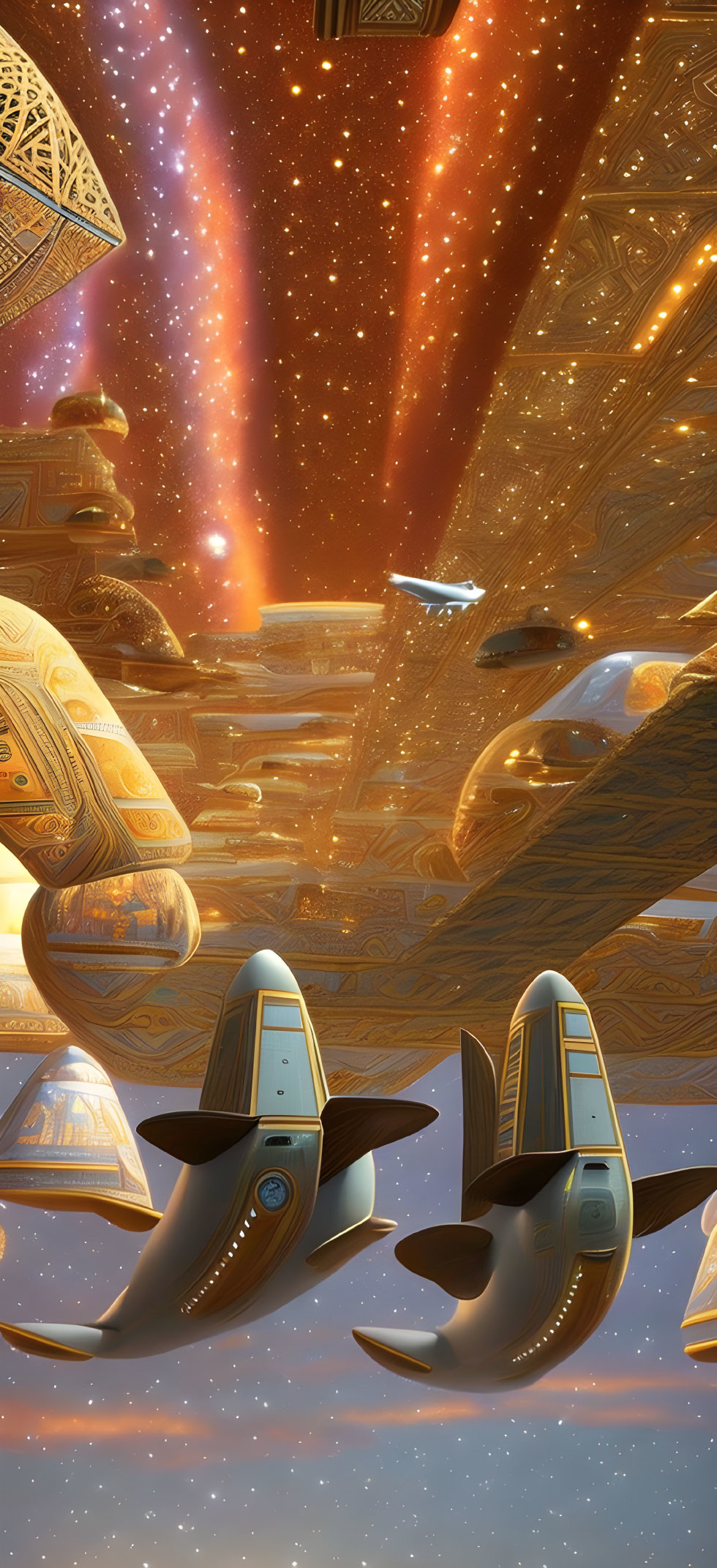 Futuristic spaceships in cosmic landscape with alien architecture