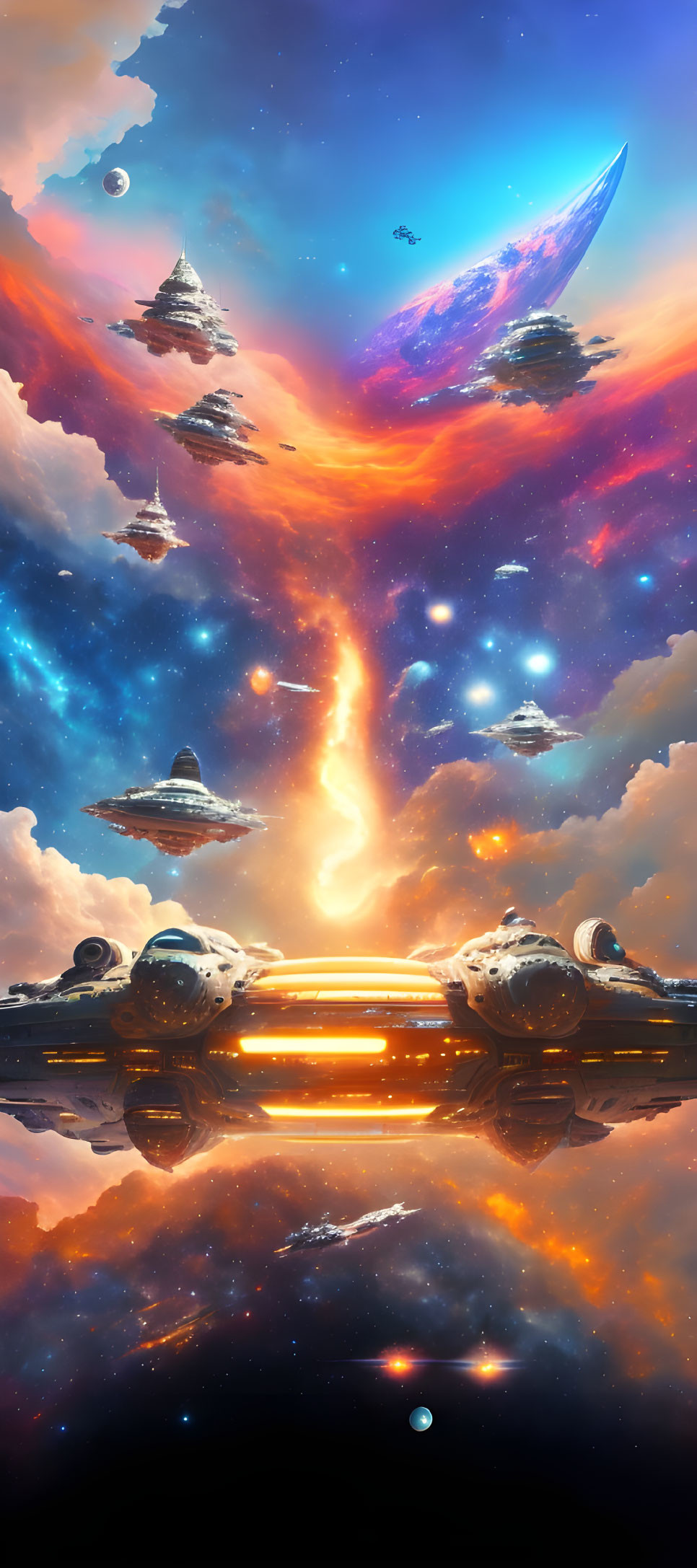 Colorful cosmic scene with multiple spaceships and planets in vibrant nebula.