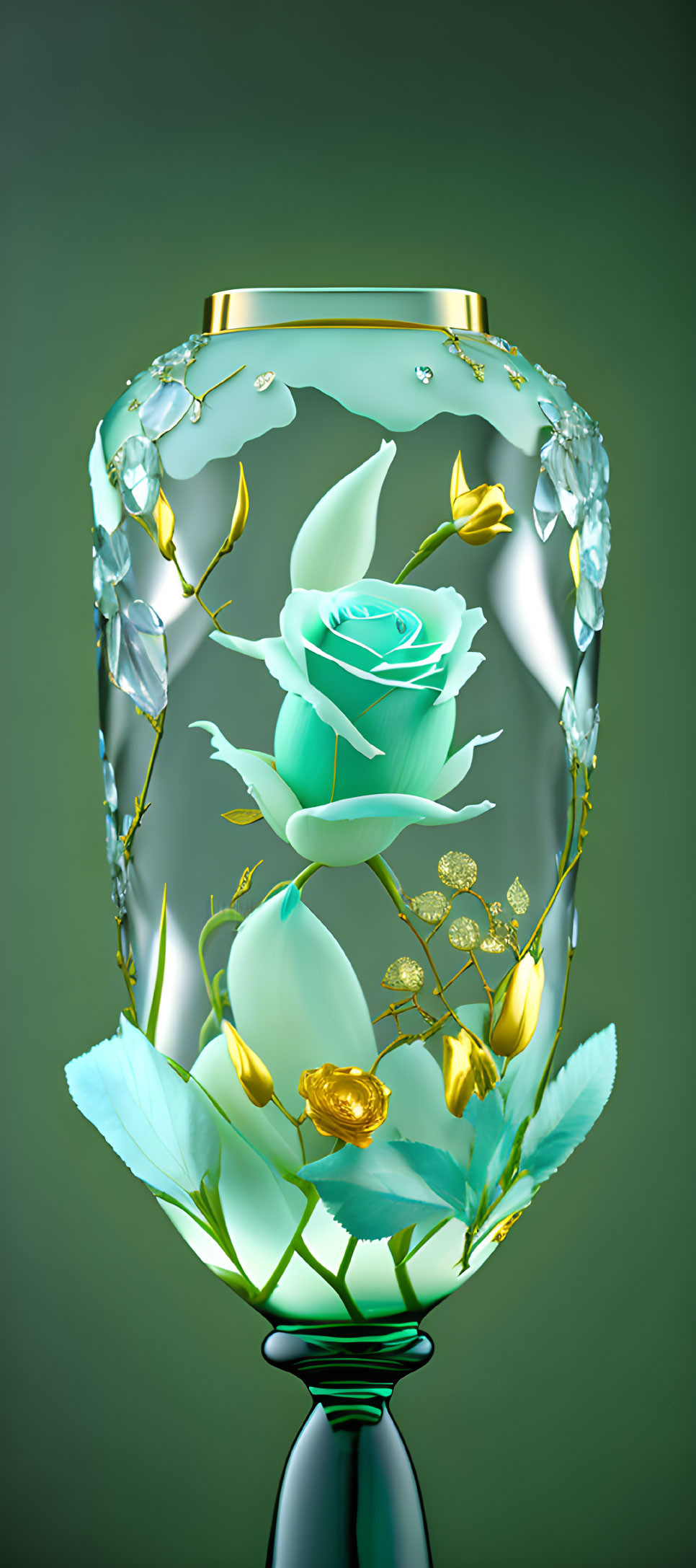 Stylized image of glass vase with turquoise and yellow roses