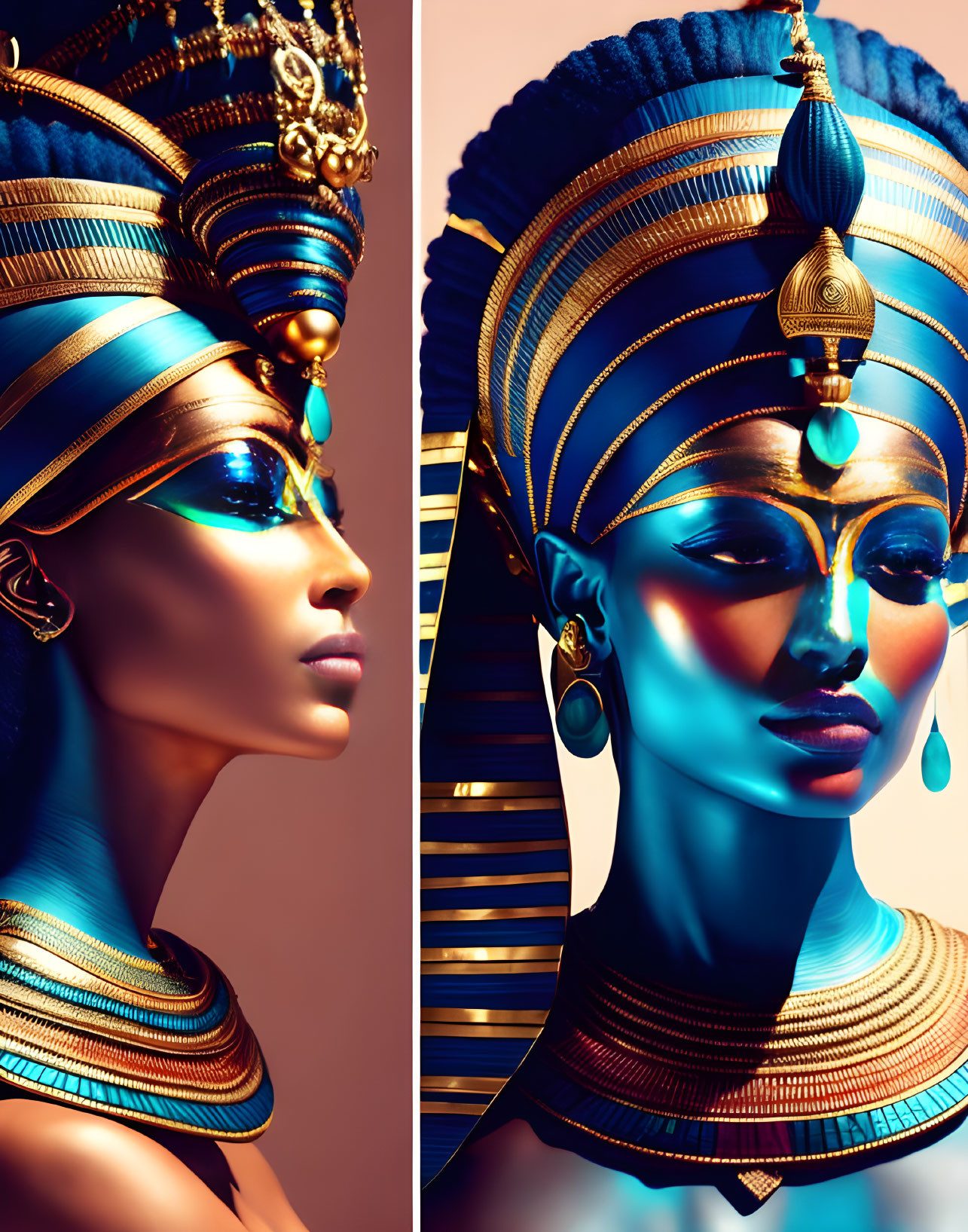 Ancient Egyptian-themed woman portraits with elaborate headdresses and blue-gold makeup