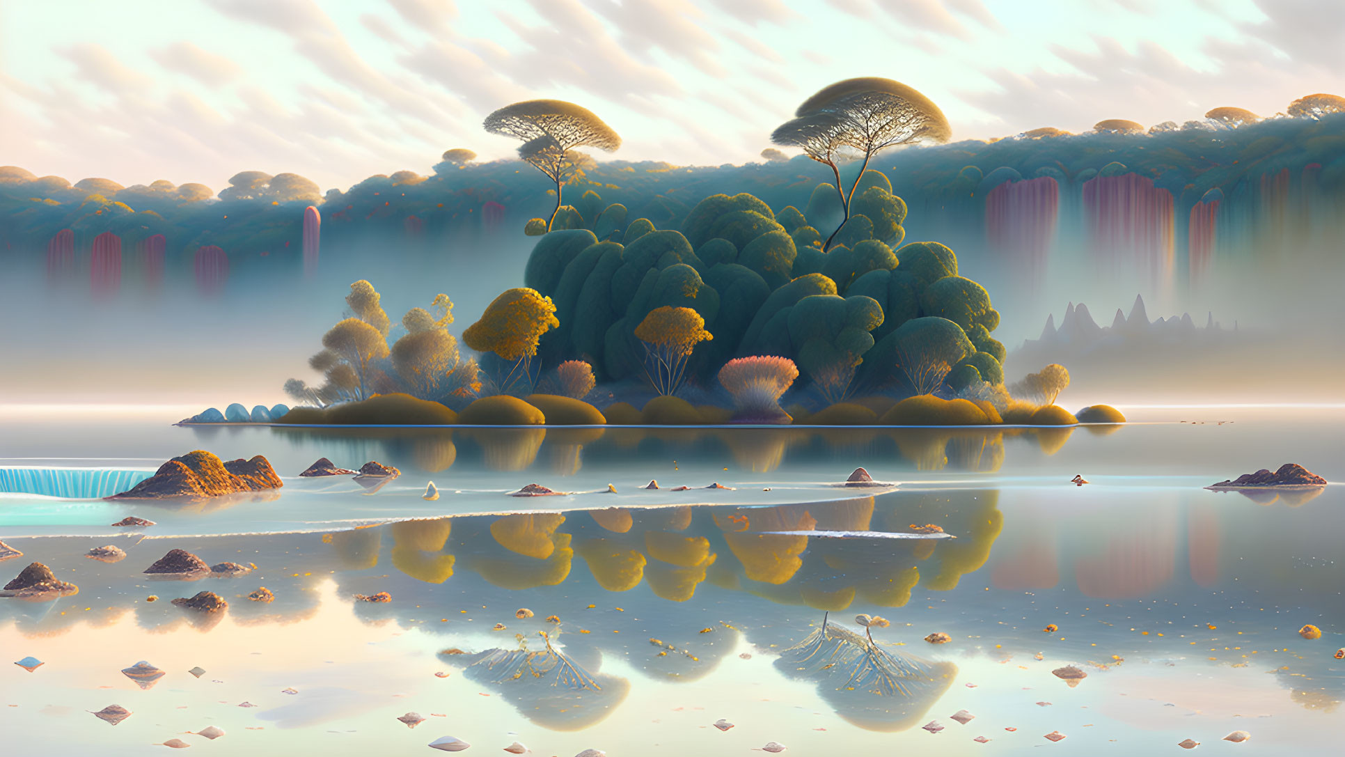 Surreal landscape with reflective water, forested island, mushroom-shaped trees, and cascading water