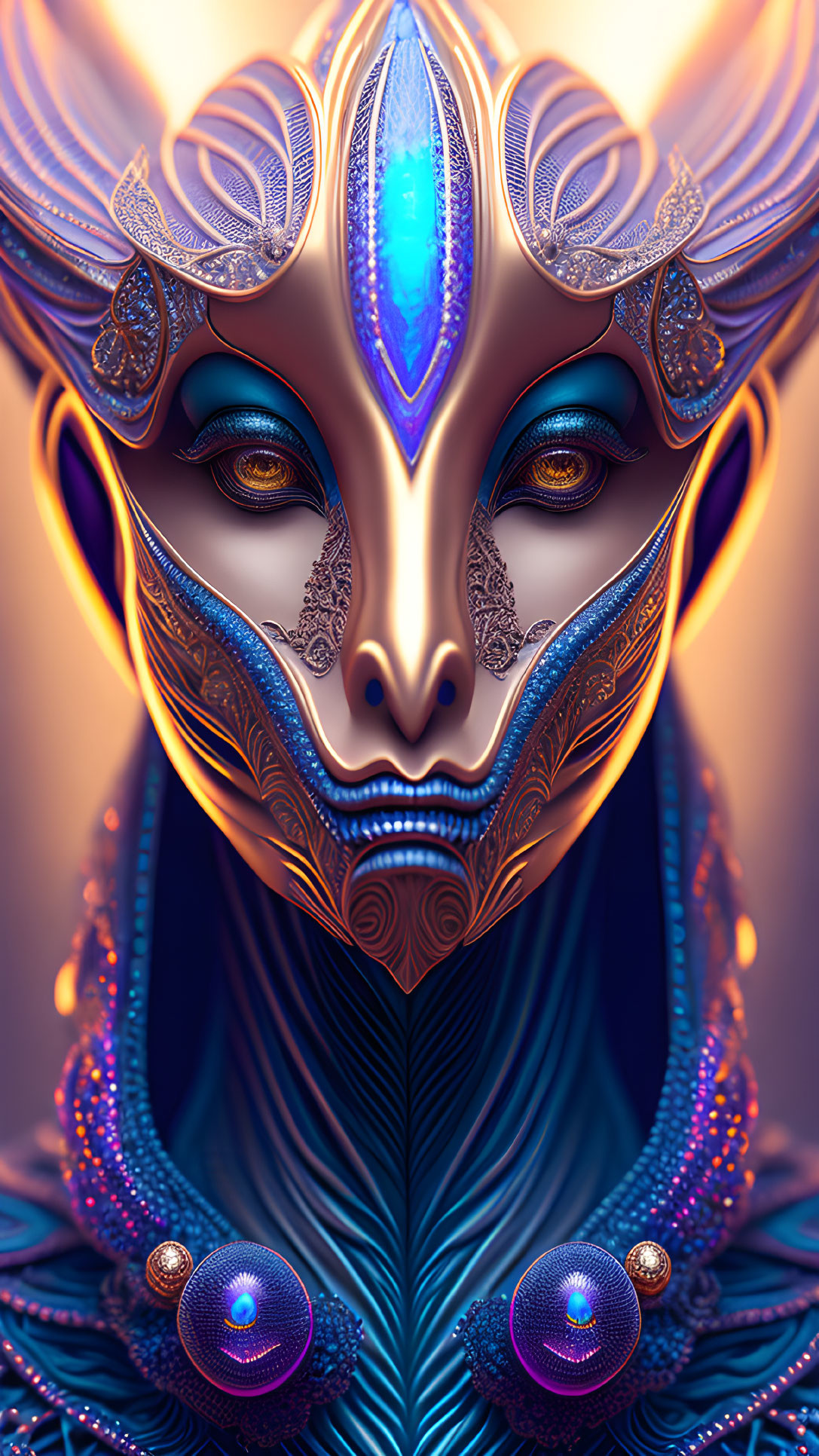 Detailed Stylized Humanoid Face Artwork in Blue and Purple Hues