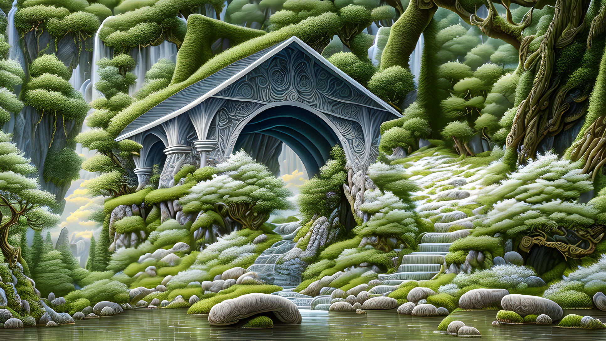 Mystical forest with ornate gateway, moss-covered trees, stone steps, and flowing streams