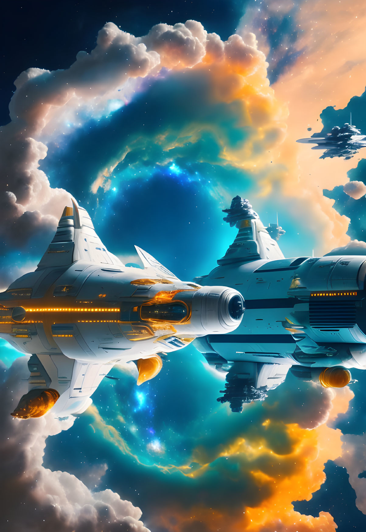 Spaceships approaching cosmic portal in nebulous clouds reflection.