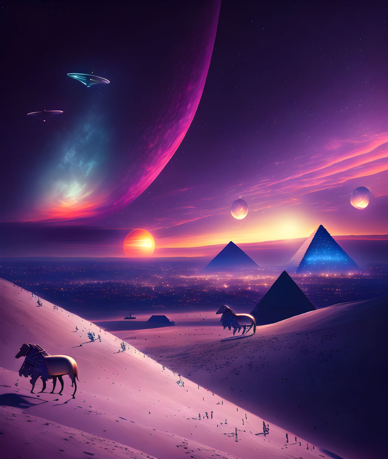 Surreal landscape with Egyptian pyramids, UFO, and celestial bodies