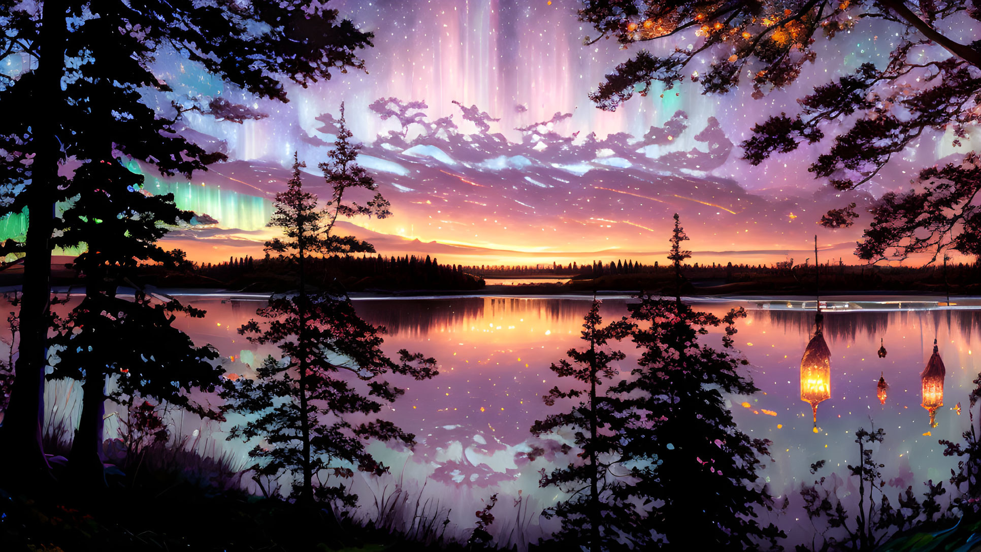 Scenic lake at sunset with aurora borealis and starry sky