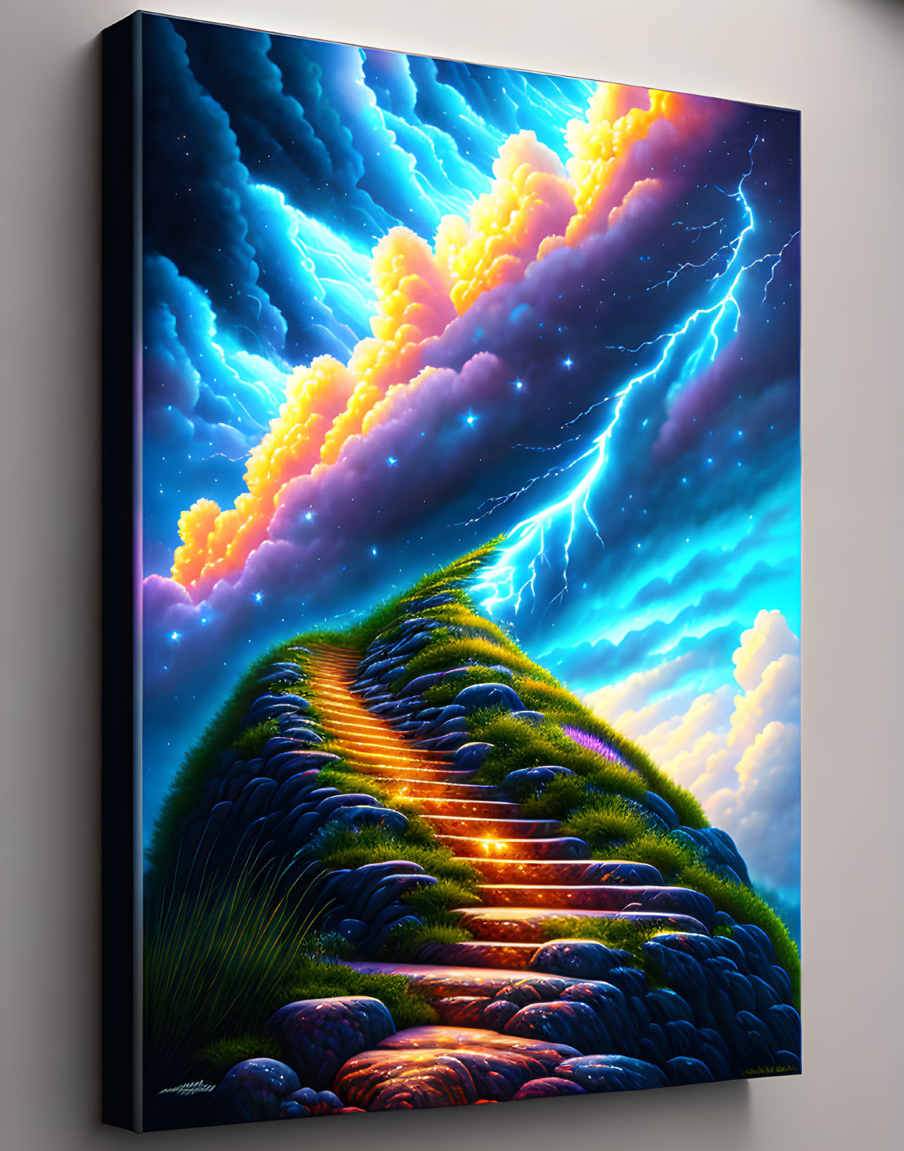 Colorful Staircase Ascending Through Illuminated Clouds and Lightning