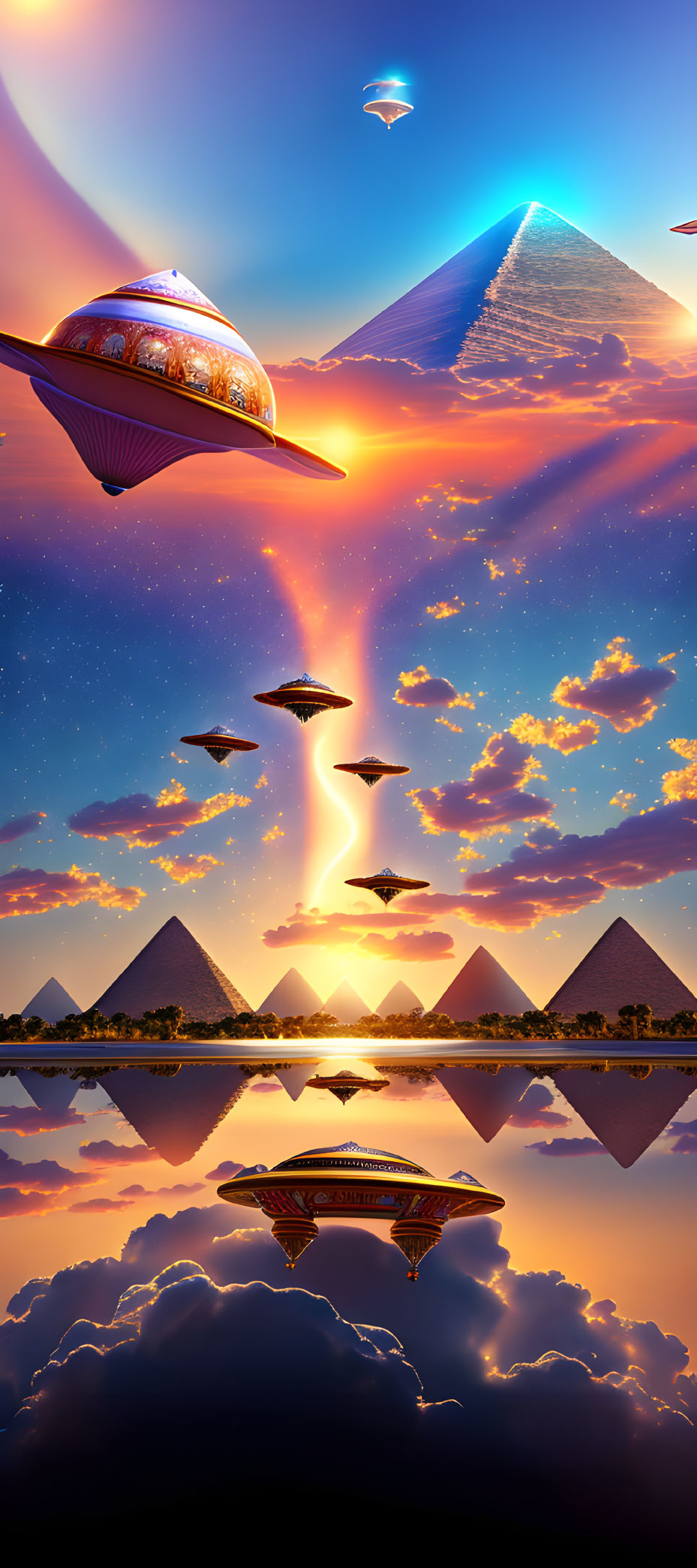 Futuristic spaceships over ancient Egyptian pyramids at sunset