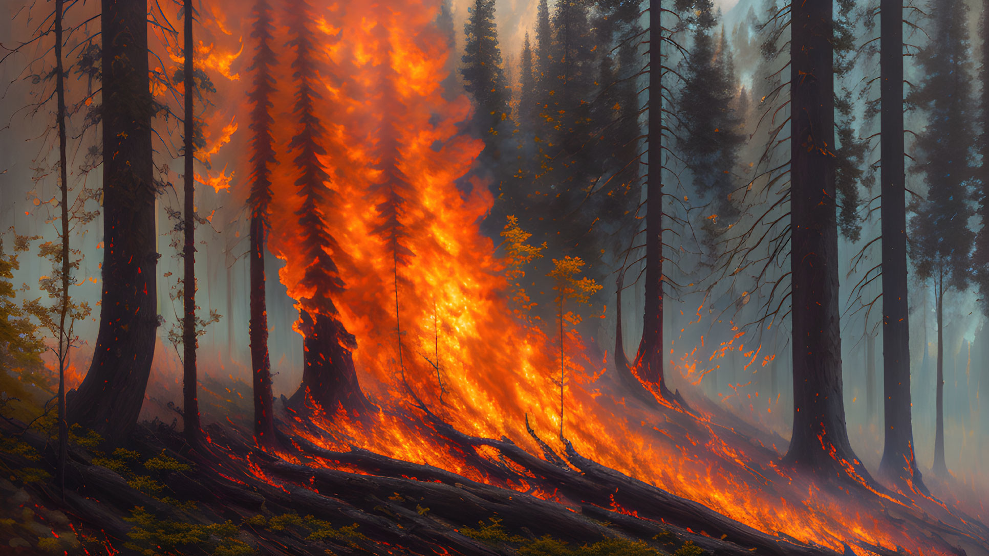 Dramatic forest fire scene with engulfed trees and fierce flames