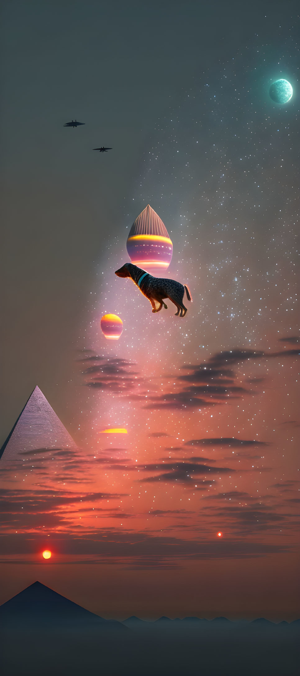 Surreal dachshund in striped shirt leaping towards floating burger in twilight sky