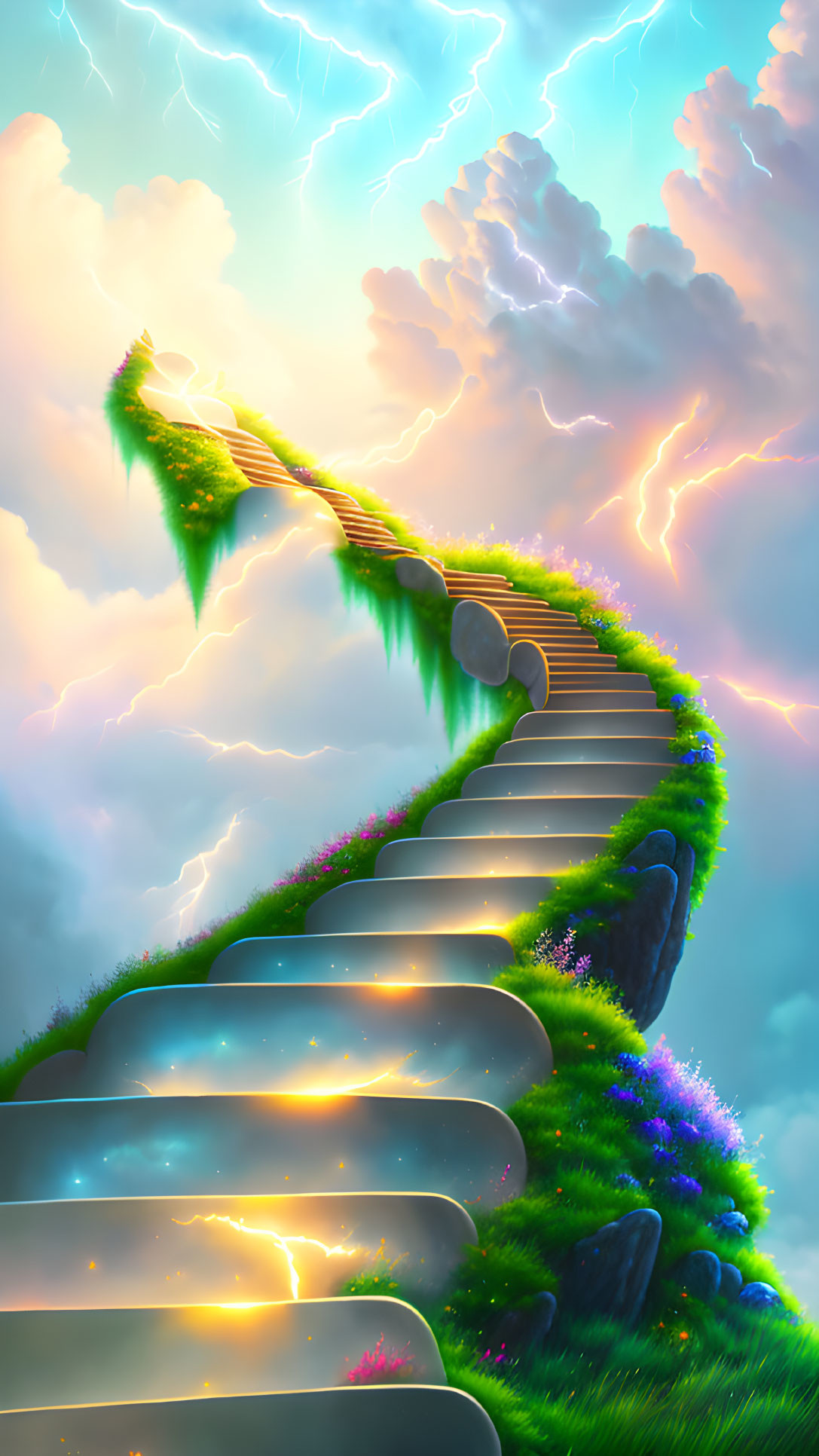 Fantastical image of glowing stairway through clouds and lush vegetation