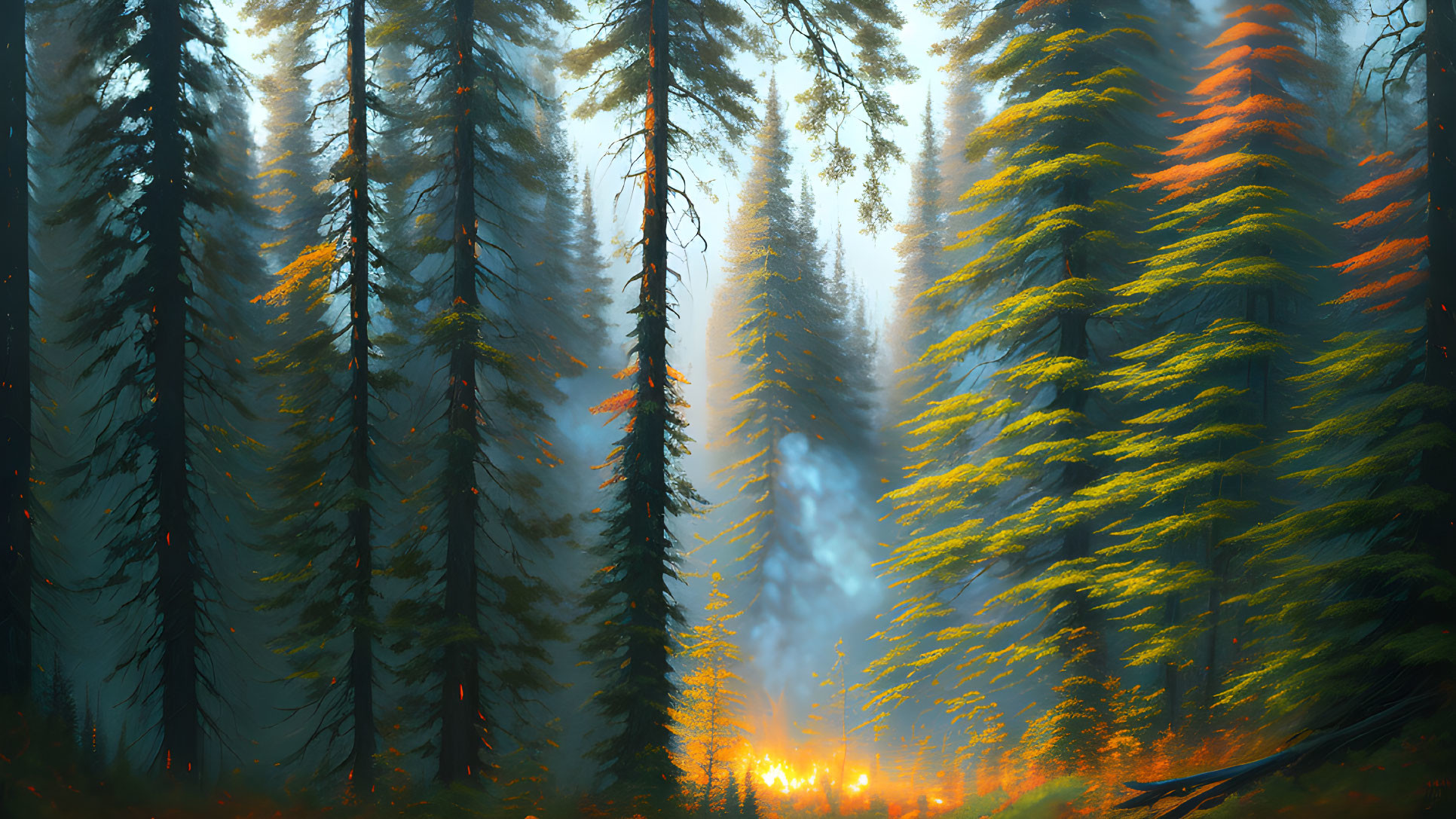 Dense forest with sunlight filtering through tall trees