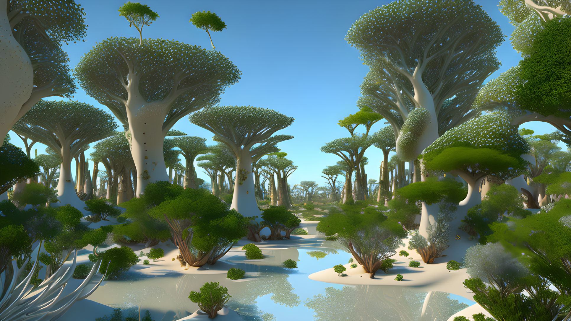 Fantastical forest with oversized trees and serene waterways