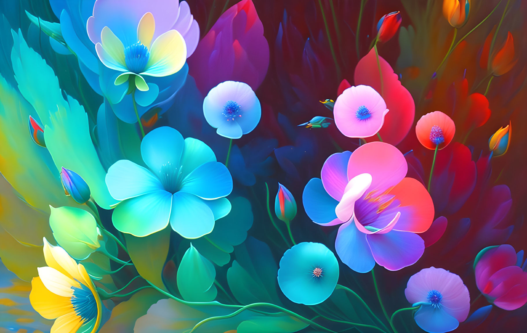 Colorful Flowers Digital Painting on Dark Background