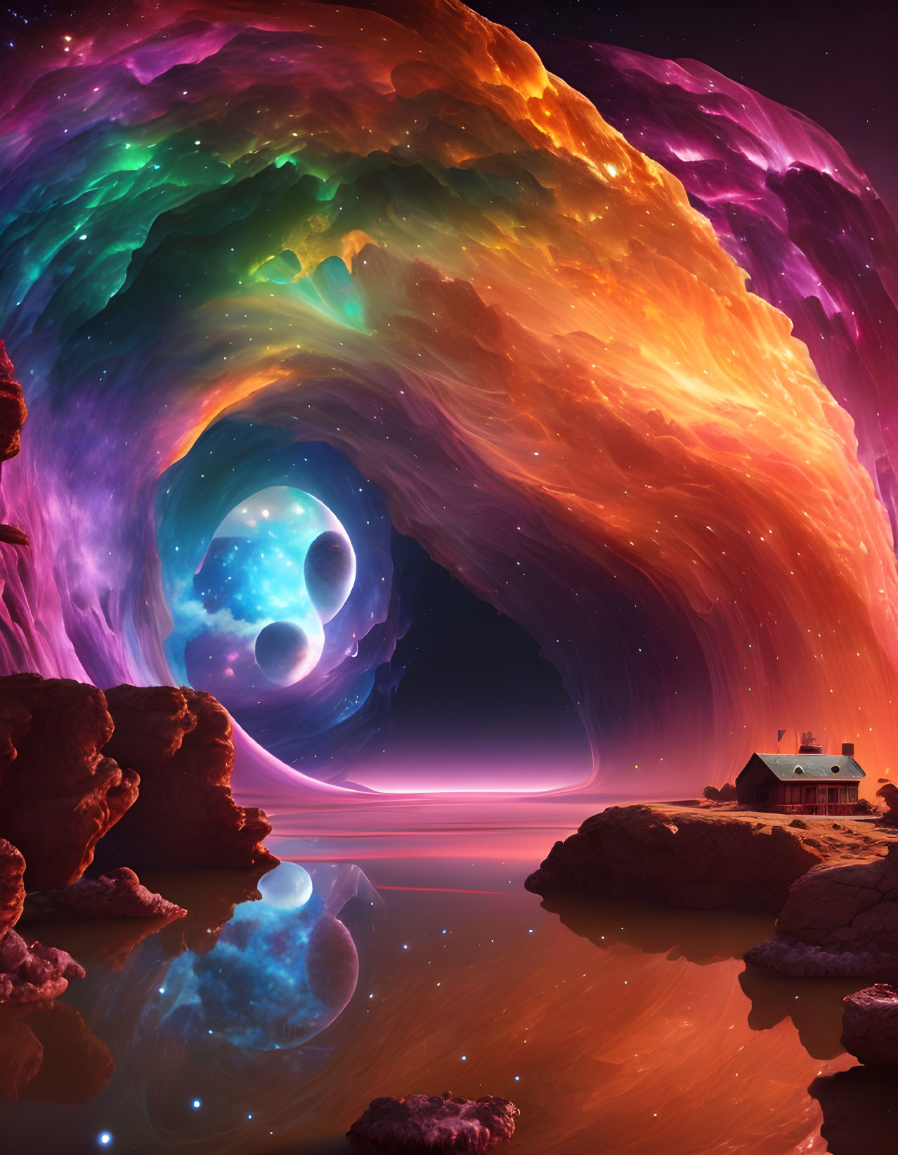 Colorful cosmic landscape with nebula, celestial bodies, water surface, house on rocky terrain, star