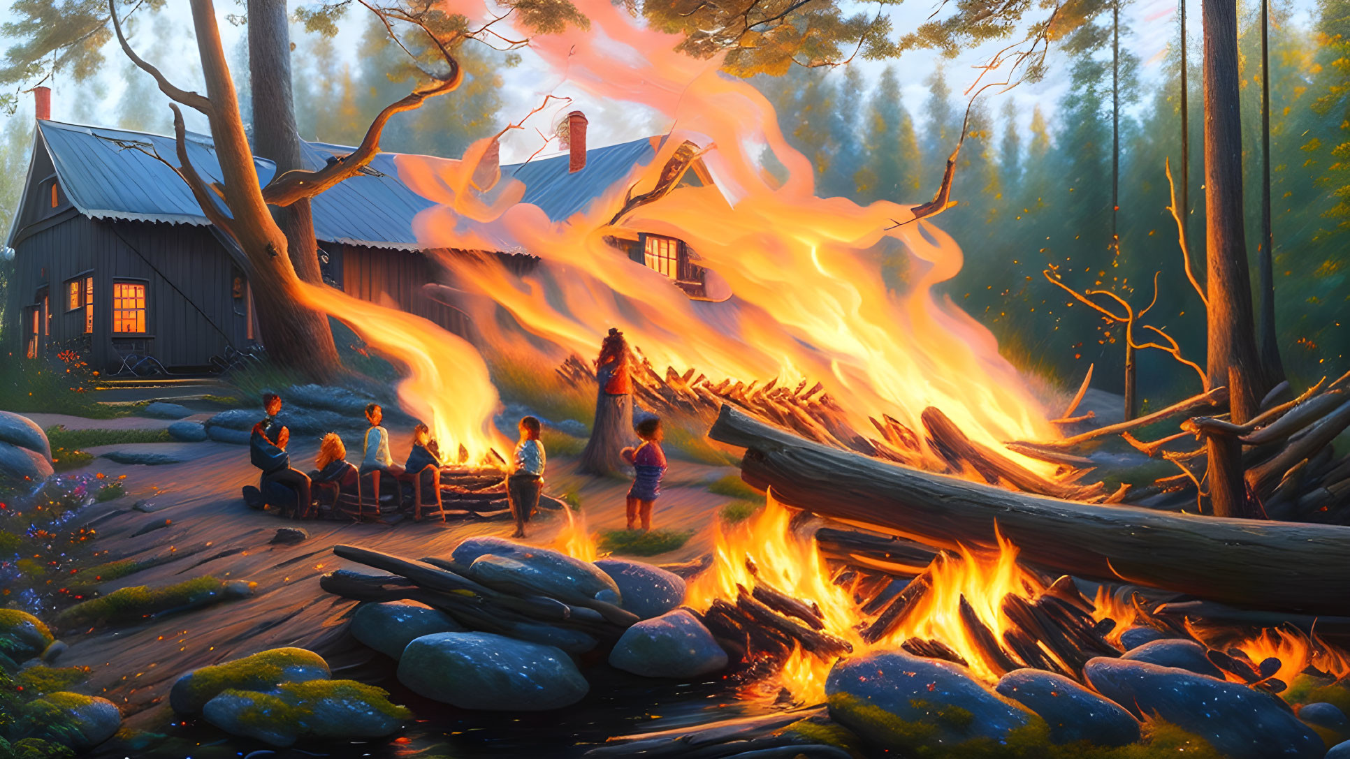 Vibrant bonfire near lakeshore by wooden cabin at dusk