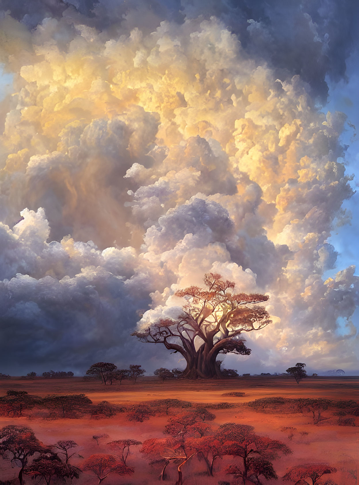 Dramatic sky over lone tree in savannah landscape