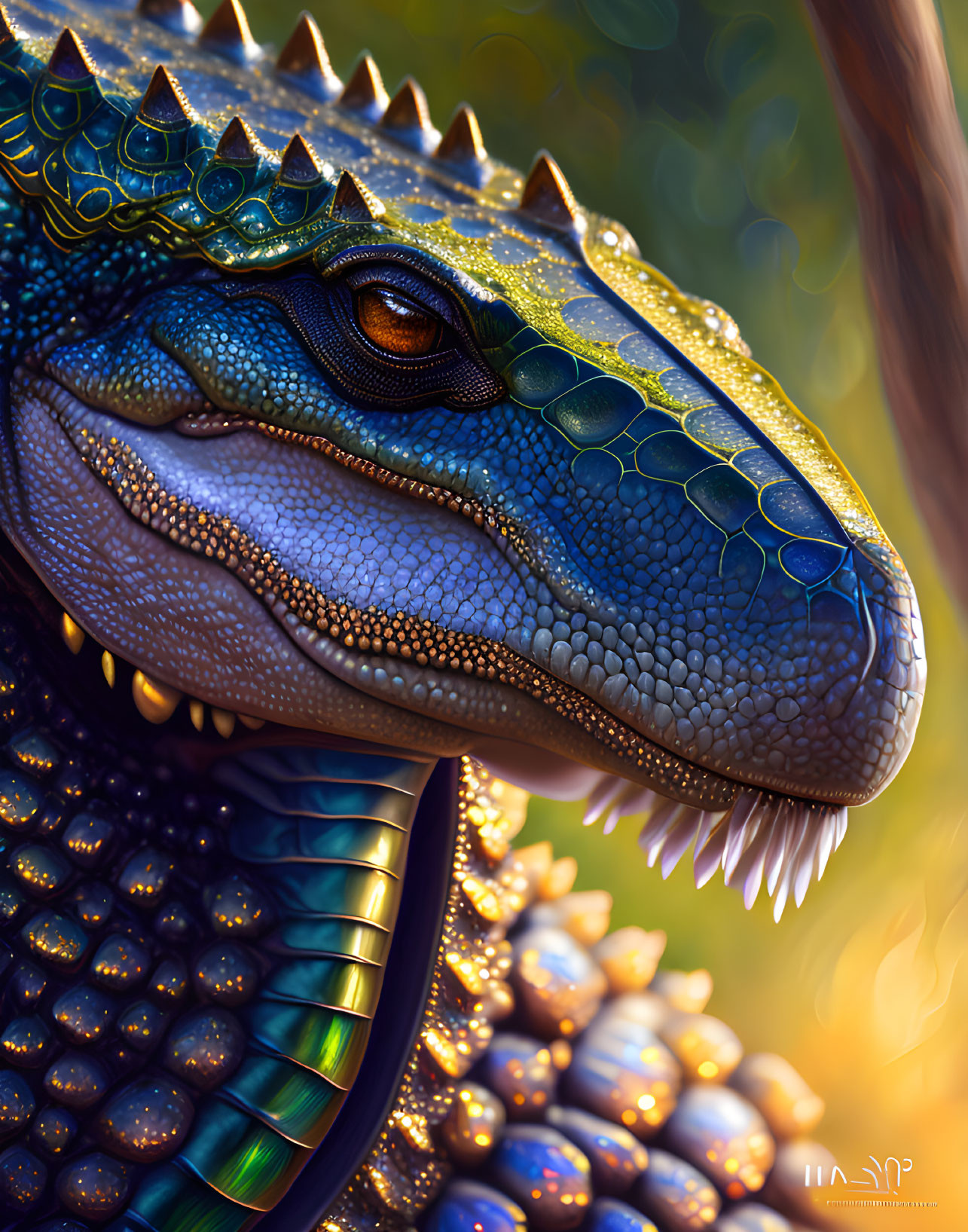 Detailed close-up of blue-scaled reptilian creature with sharp teeth and ornate horns in digital illustration