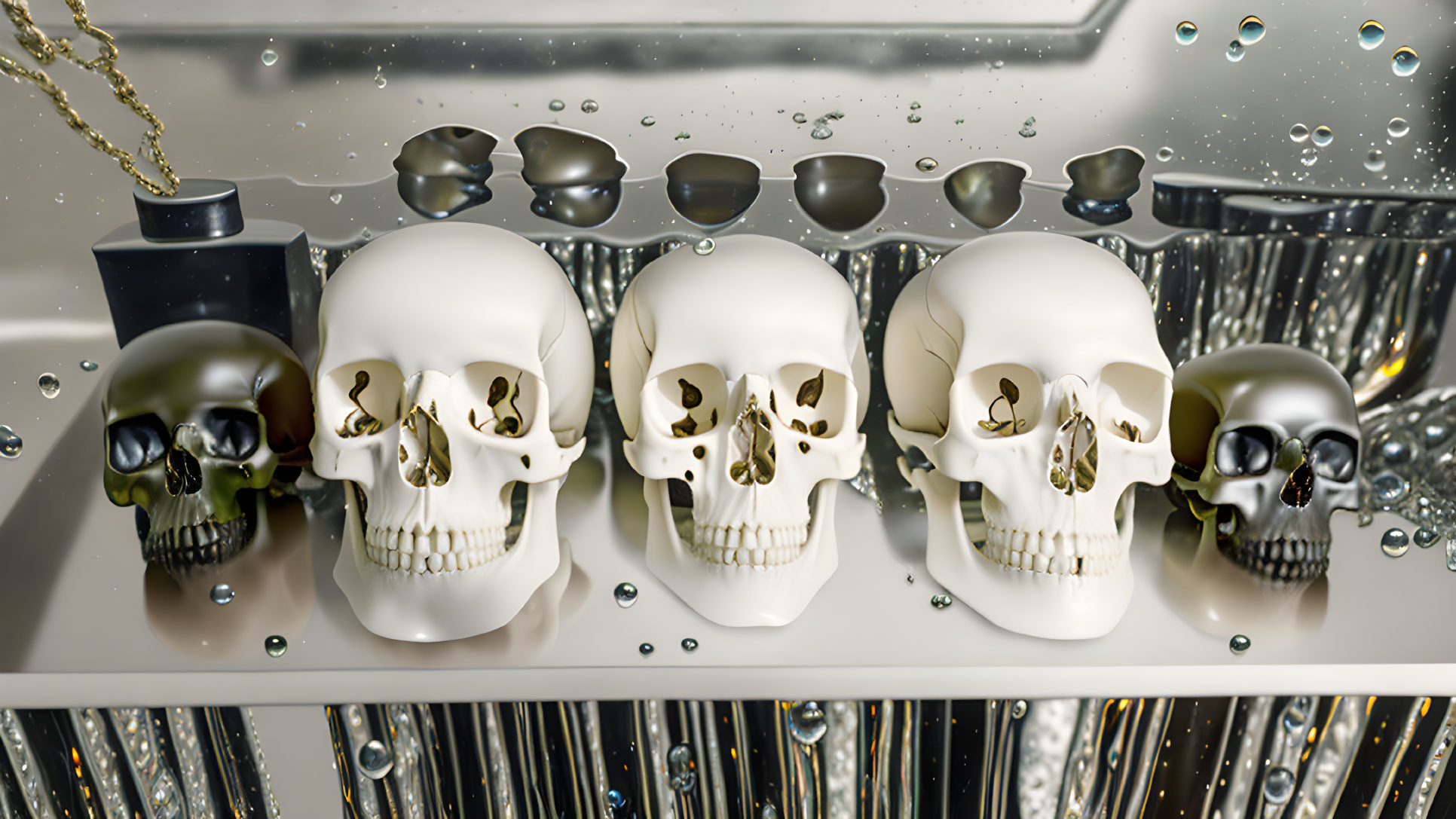 Four skulls and two vials on reflective surface with water droplets.