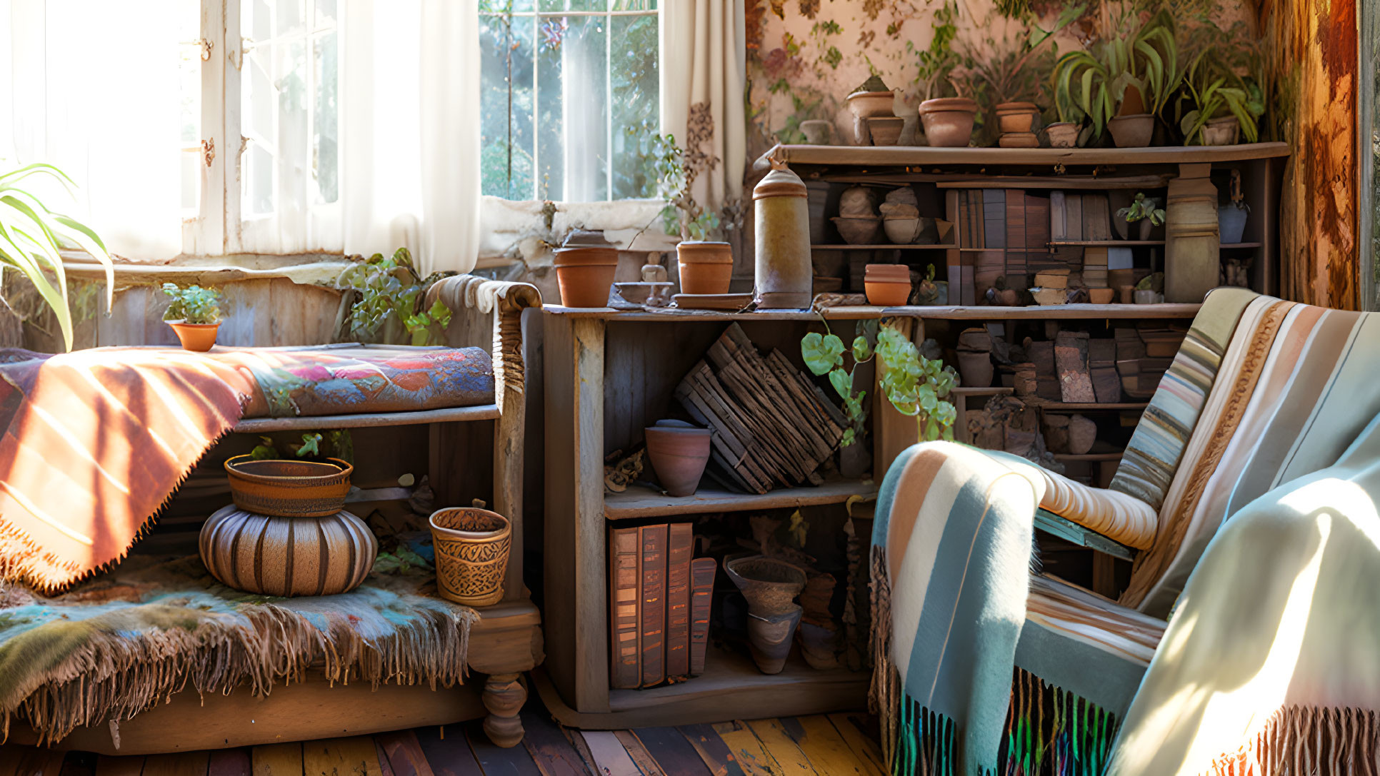 Sunlit Room with Plants, Books, Bench, and Armchair