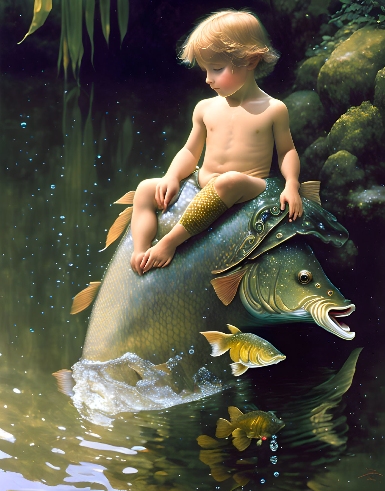 Child sitting on large fish in mystical pond with rocks and smaller fishes