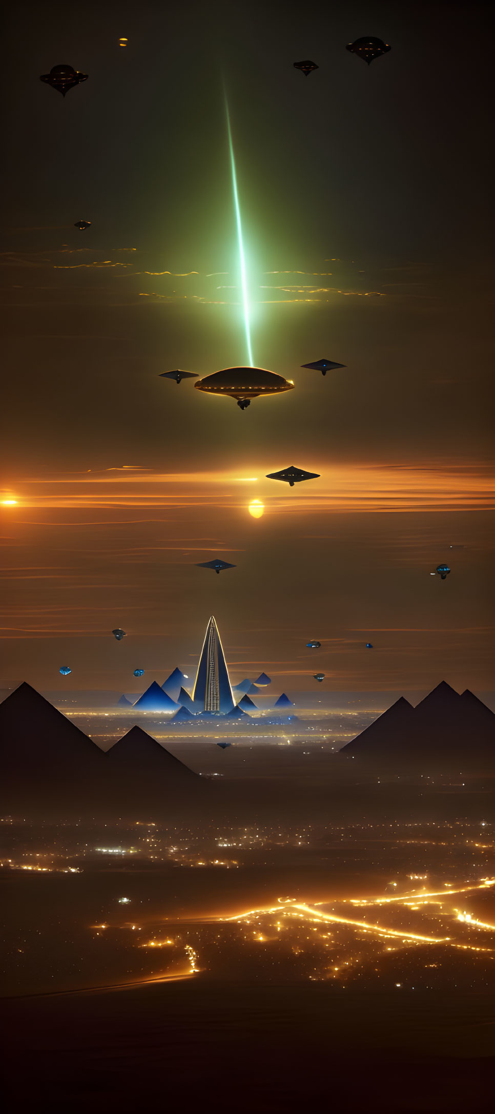 Futuristic cityscape with pyramids under dusky sky and UFO beam